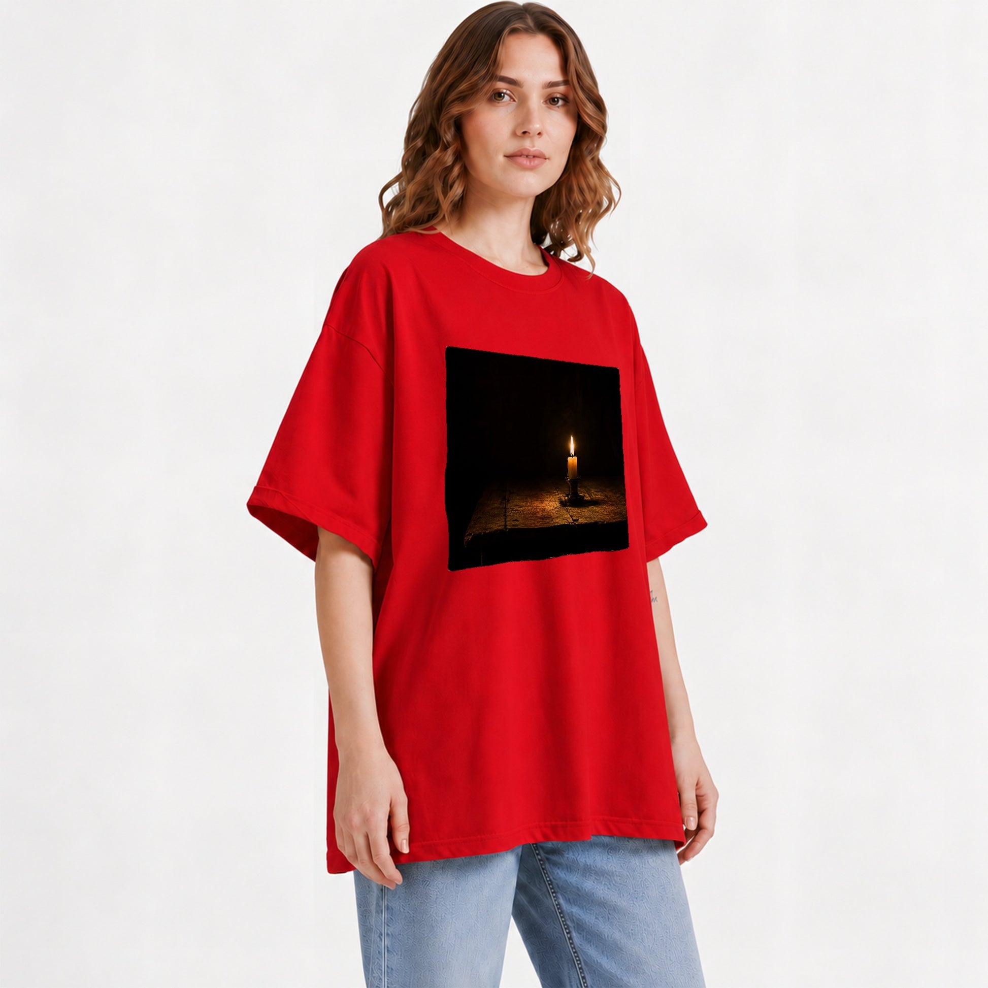 #pl[Red] Candlelight Graphic T-Shirt, Dark Cozy Vintage Still Life Art