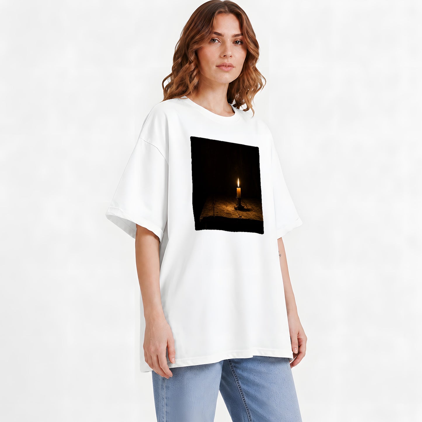 #pl[White] Candlelight Graphic T-Shirt, Dark Cozy Vintage Still Life Art