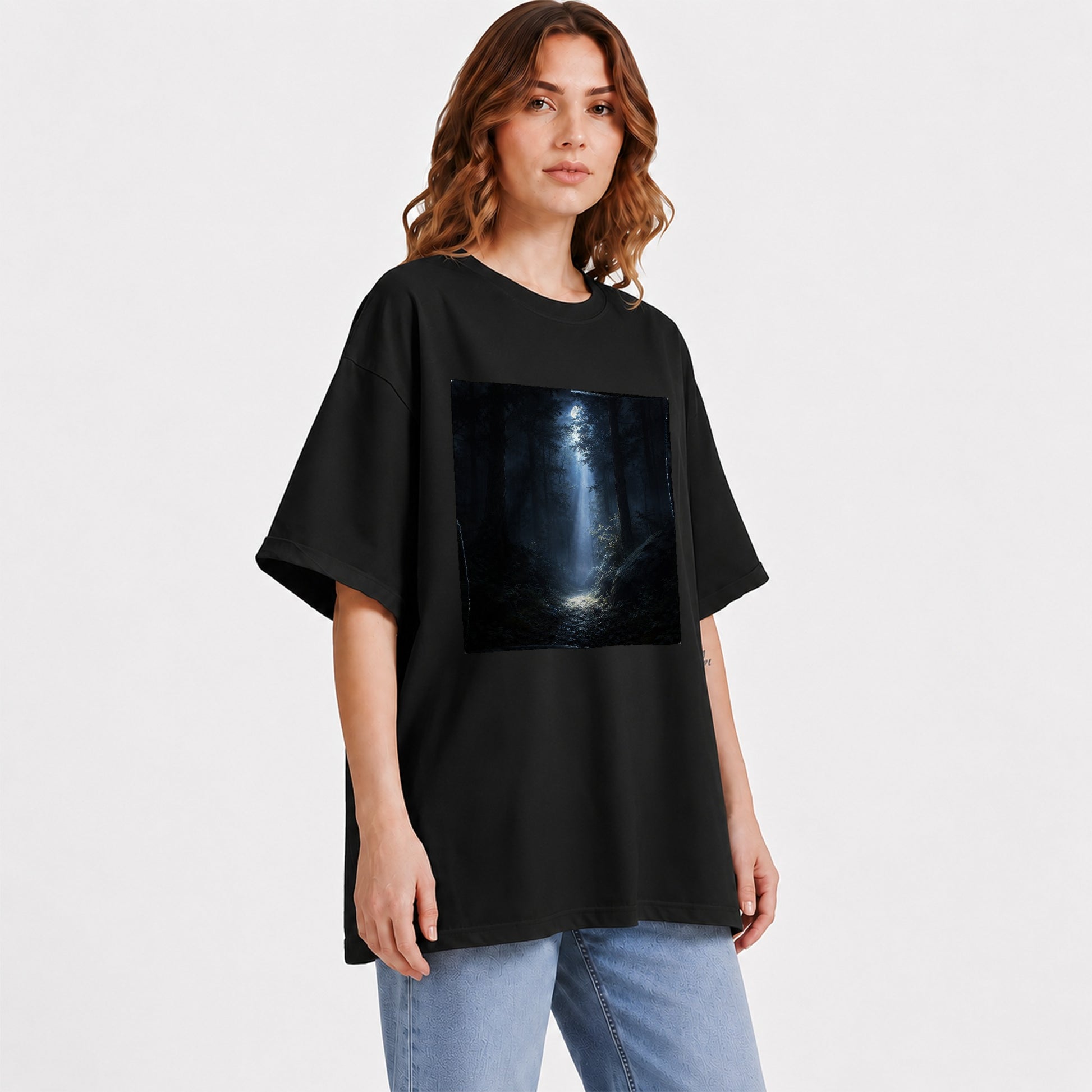 #pl[Black] Moonlit Forest Graphic T-Shirt, Woodland Night Path Design