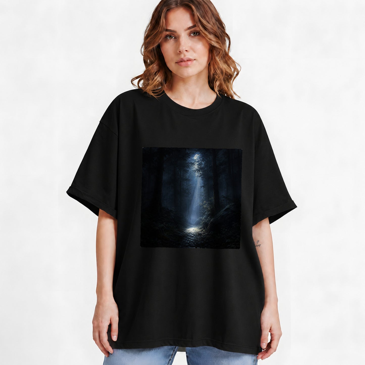 #pl[Black] Moonlit Forest Graphic T-Shirt, Woodland Night Path Design