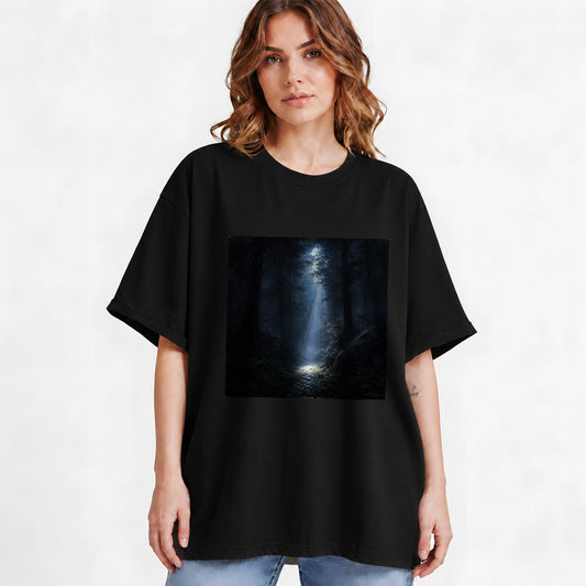 #pl[Black] Moonlit Forest Graphic T-Shirt, Woodland Night Path Design