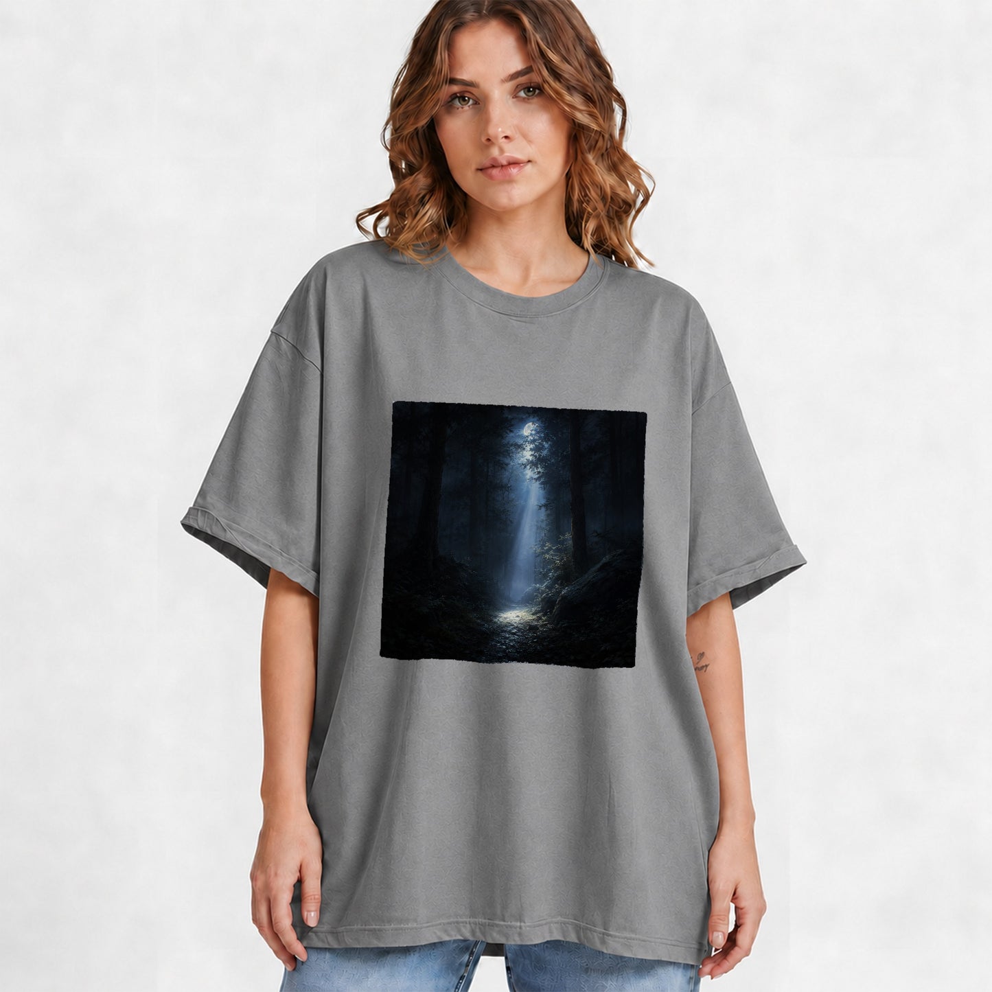 #pl[Gray] Moonlit Forest Graphic T-Shirt, Woodland Night Path Design