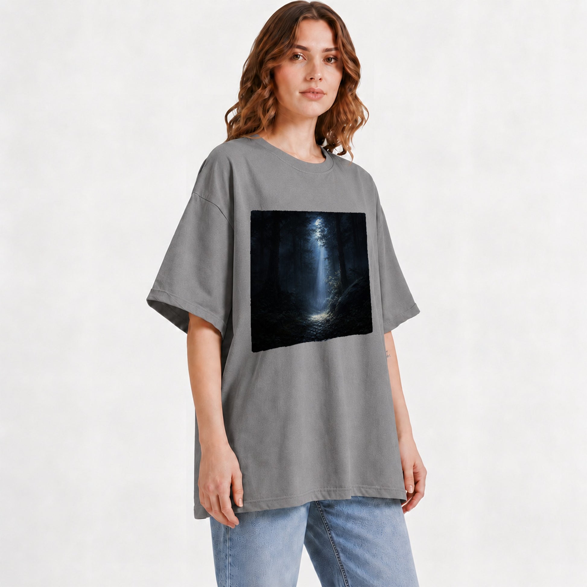 #pl[Gray] Moonlit Forest Graphic T-Shirt, Woodland Night Path Design