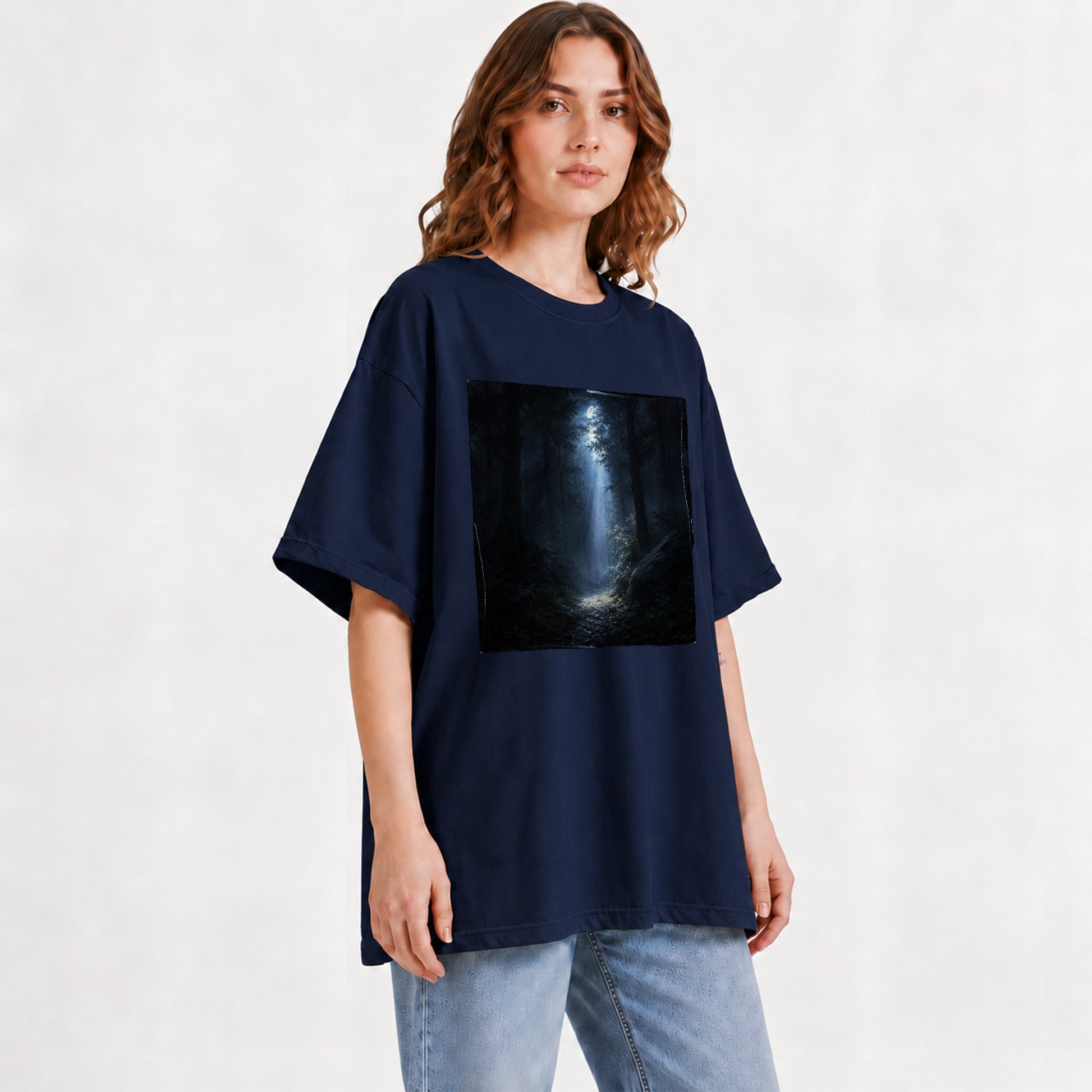 #pl[Navy] Moonlit Forest Graphic T-Shirt, Woodland Night Path Design