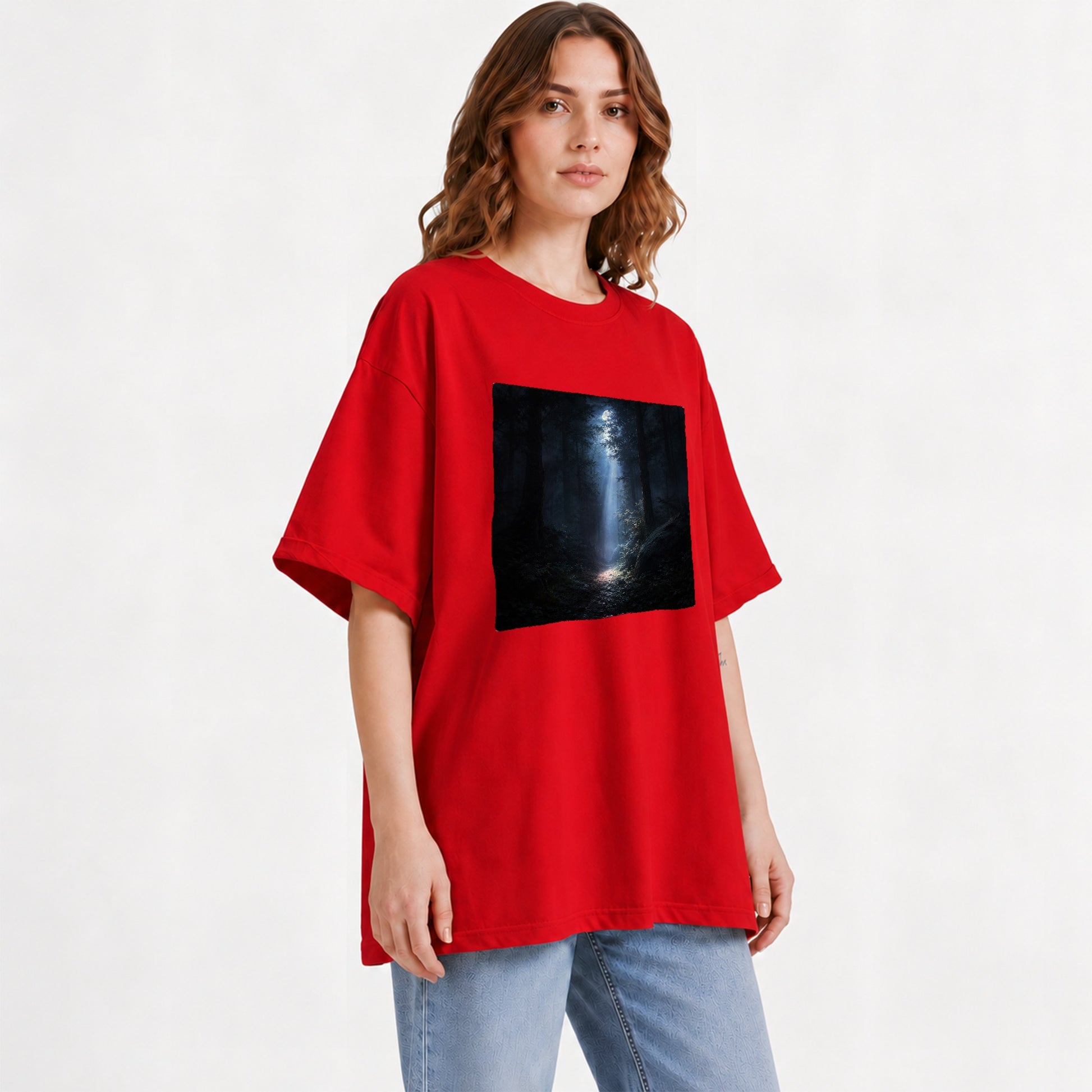 #pl[Red] Moonlit Forest Graphic T-Shirt, Woodland Night Path Design