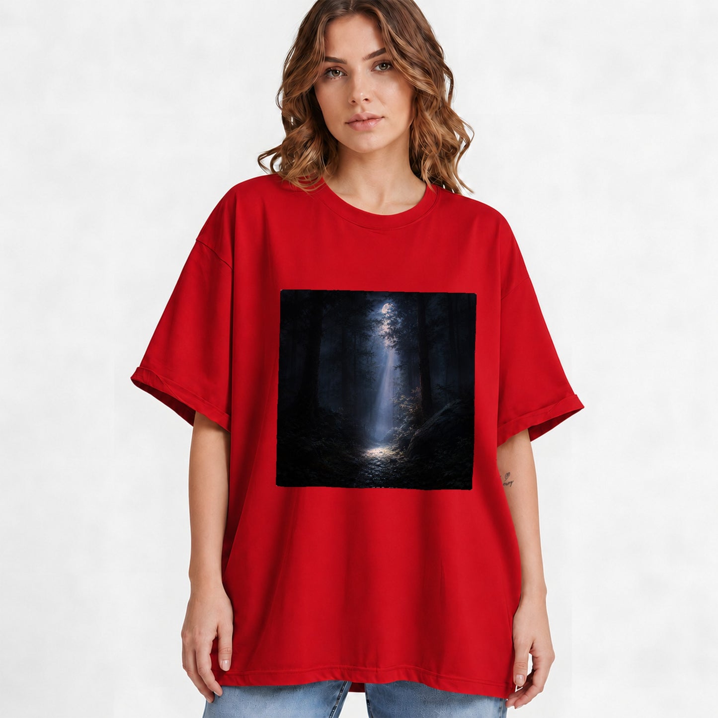 #pl[Red] Moonlit Forest Graphic T-Shirt, Woodland Night Path Design