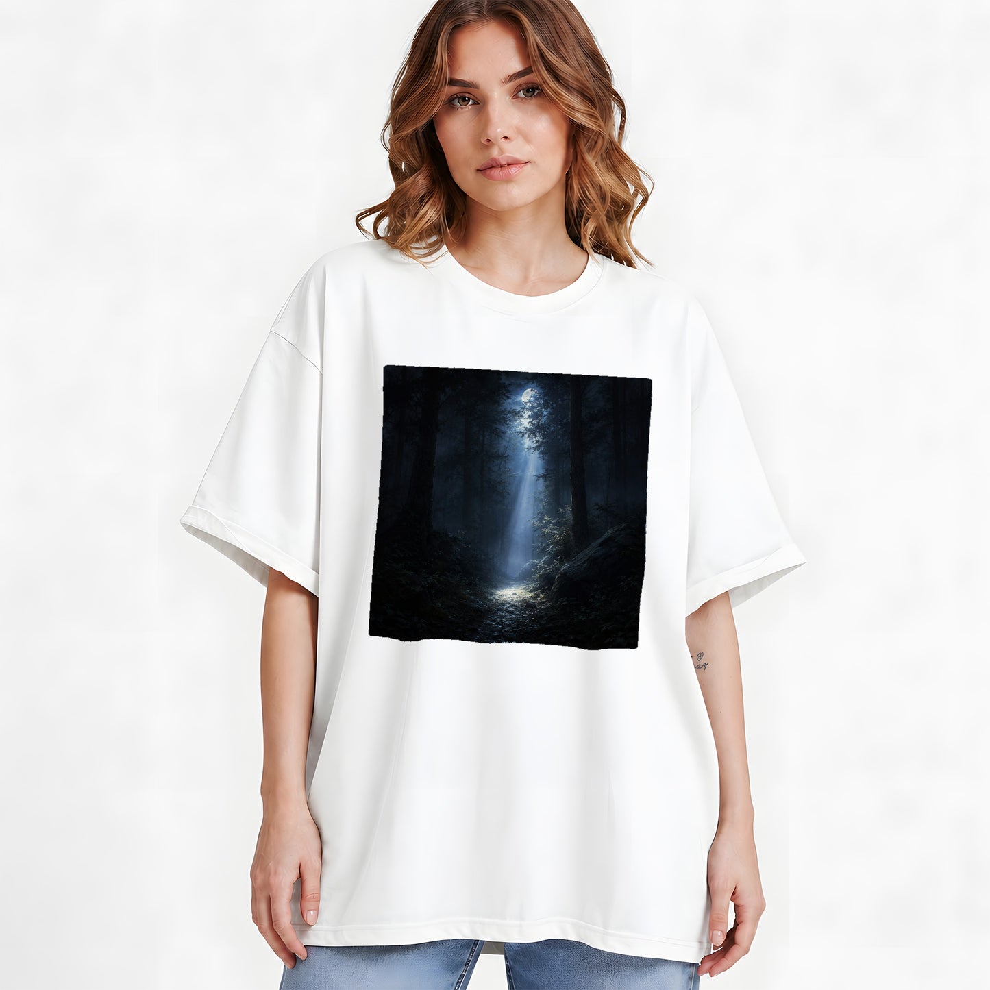 #pl[White] Moonlit Forest Graphic T-Shirt, Woodland Night Path Design