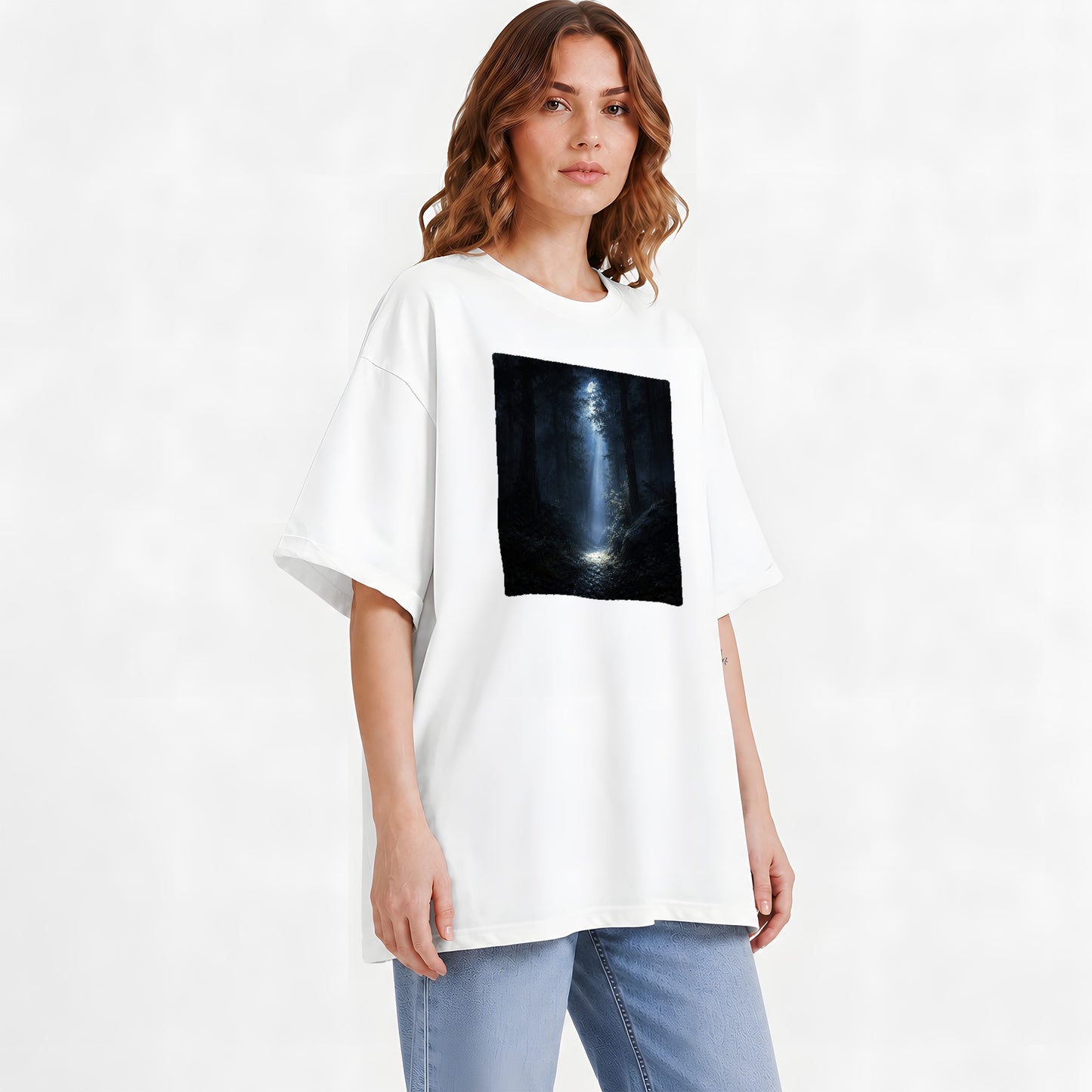 #pl[White] Moonlit Forest Graphic T-Shirt, Woodland Night Path Design