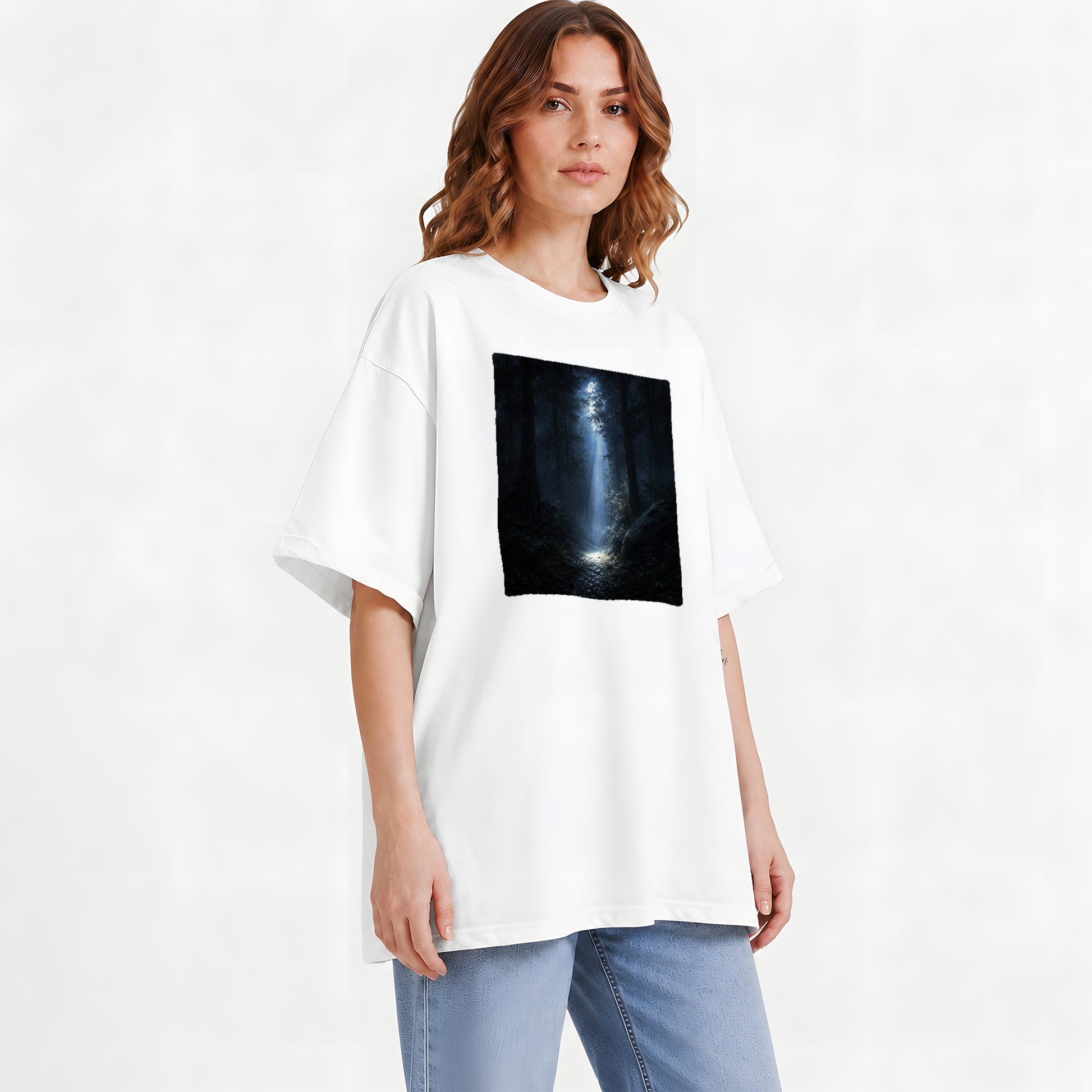 #pl[White] Moonlit Forest Graphic T-Shirt, Woodland Night Path Design