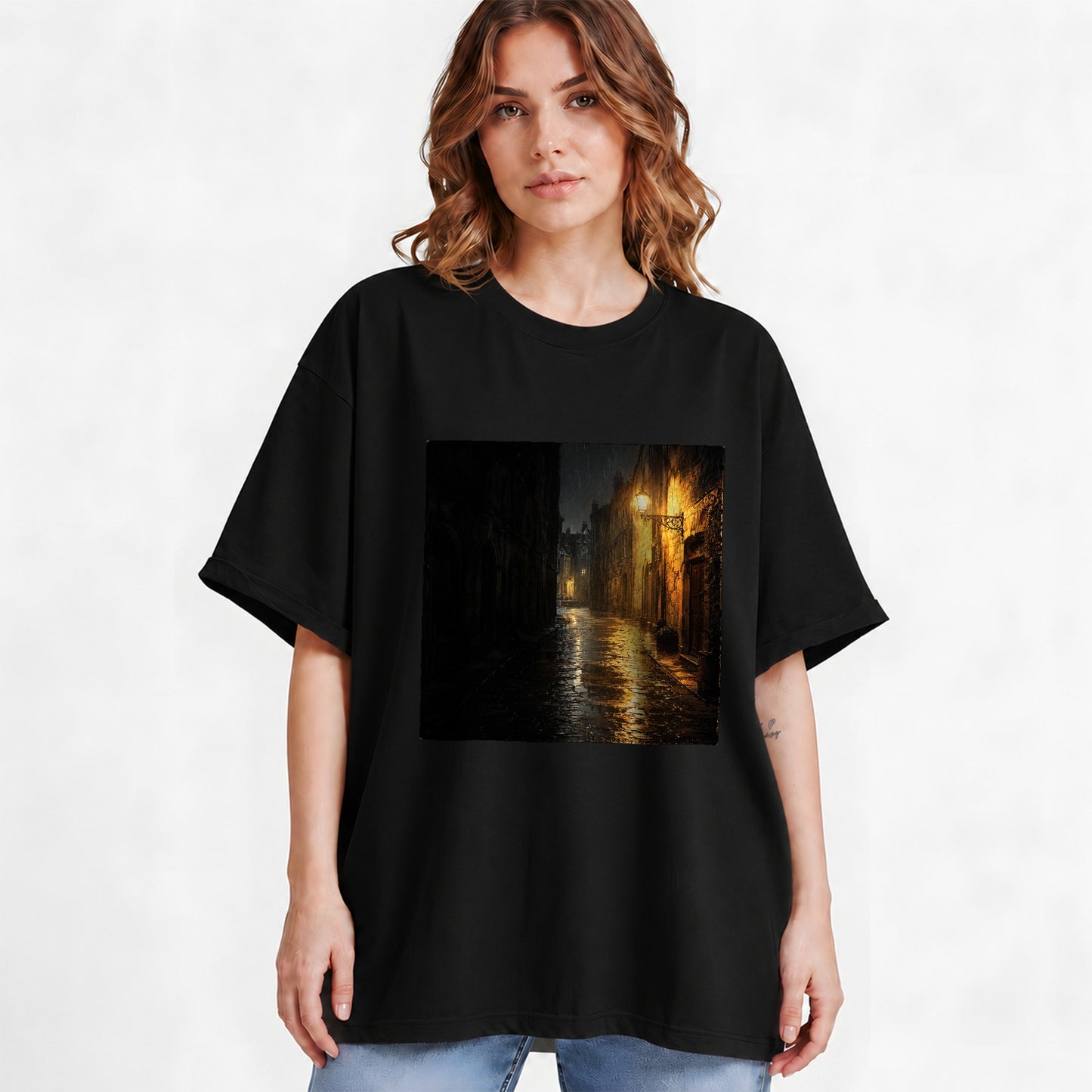 #pl[Black] Rainy Street Graphic T-Shirt, Vintage Lamp Night City Design