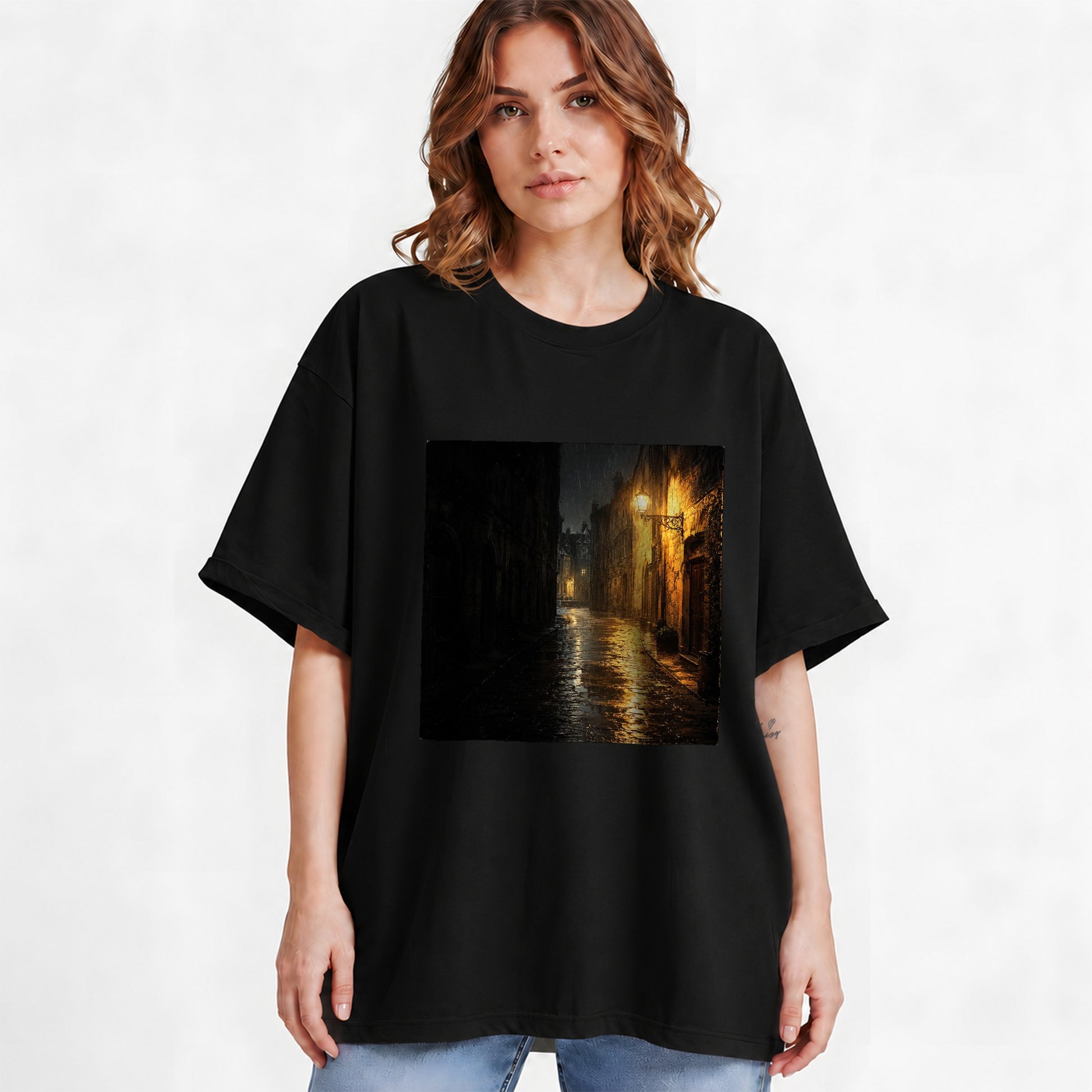 #pl[Black] Rainy Street Graphic T-Shirt, Vintage Lamp Night City Design