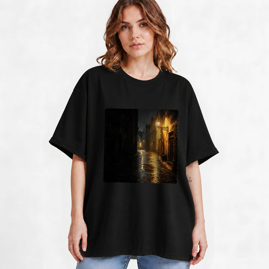 #pl[Black] Rainy Street Graphic T-Shirt, Vintage Lamp Night City Design