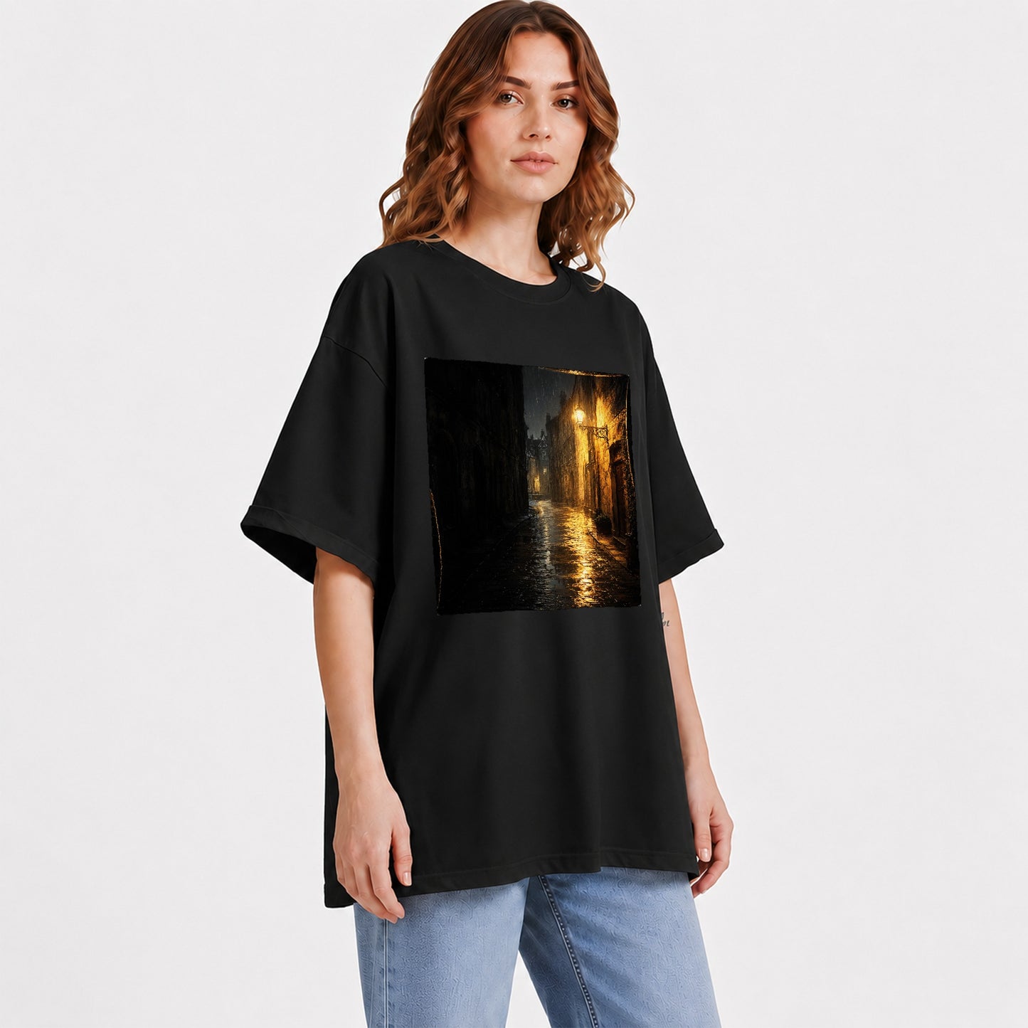 #pl[Black] Rainy Street Graphic T-Shirt, Vintage Lamp Night City Design