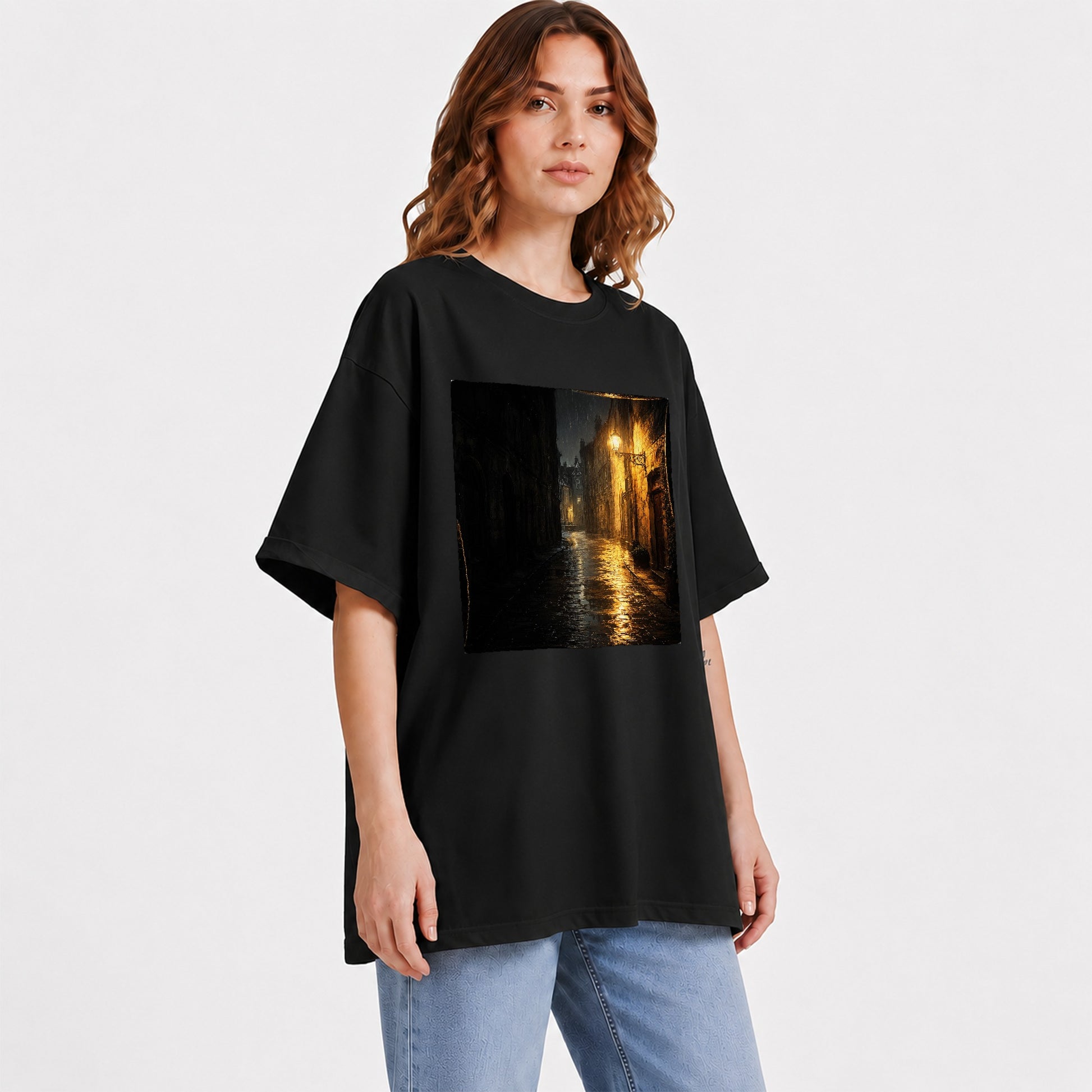 #pl[Black] Rainy Street Graphic T-Shirt, Vintage Lamp Night City Design