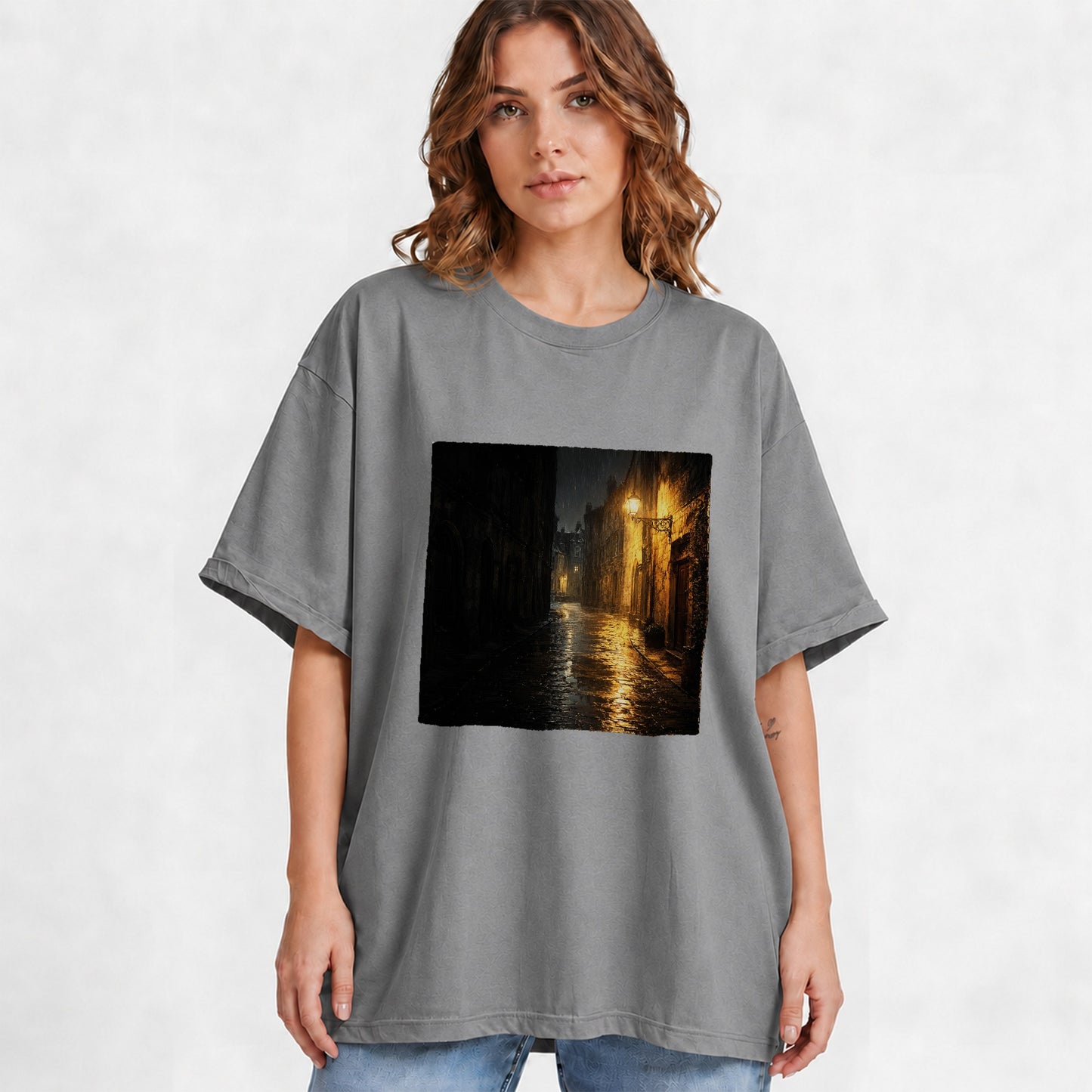 #pl[Gray] Rainy Street Graphic T-Shirt, Vintage Lamp Night City Design