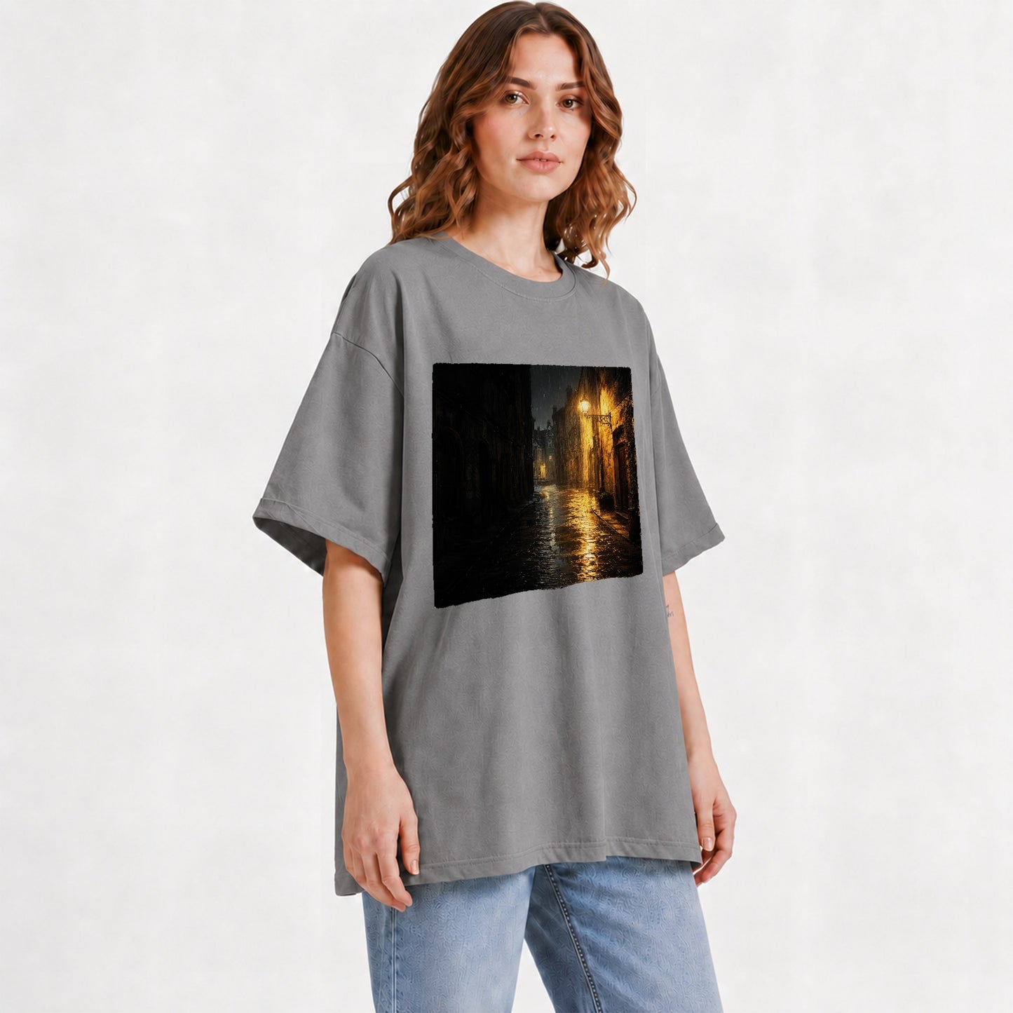 #pl[Gray] Rainy Street Graphic T-Shirt, Vintage Lamp Night City Design