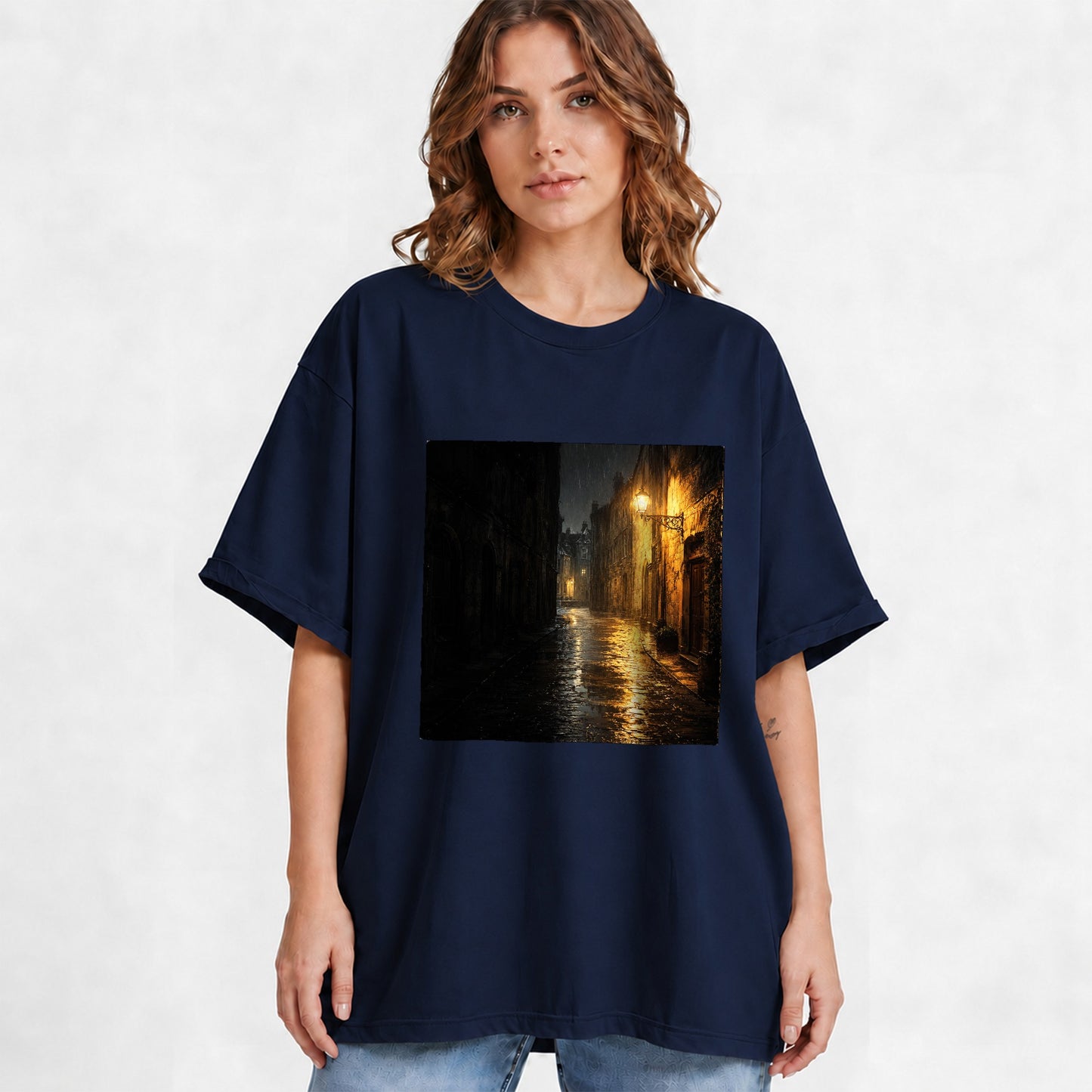 #pl[Navy] Rainy Street Graphic T-Shirt, Vintage Lamp Night City Design