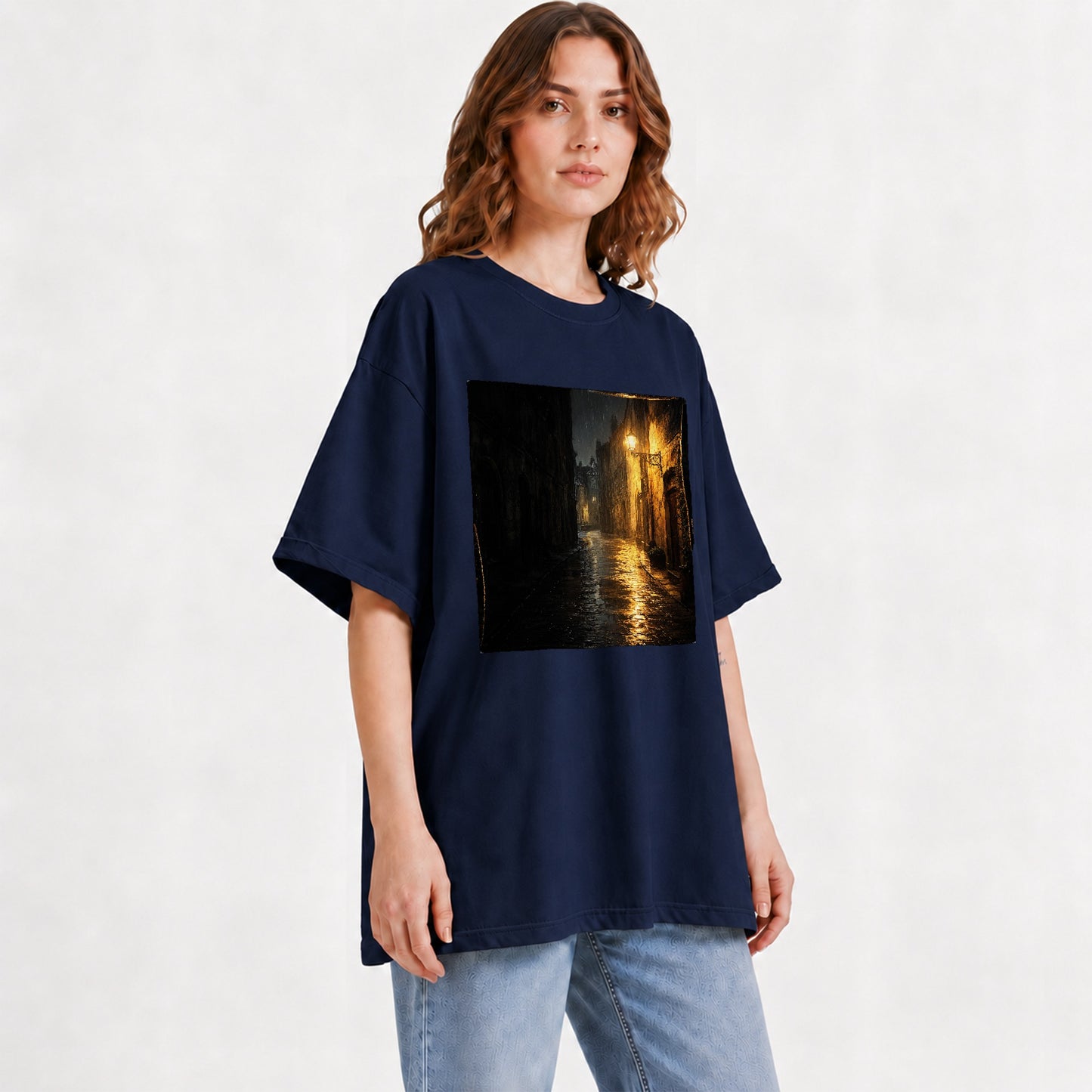 #pl[Navy] Rainy Street Graphic T-Shirt, Vintage Lamp Night City Design