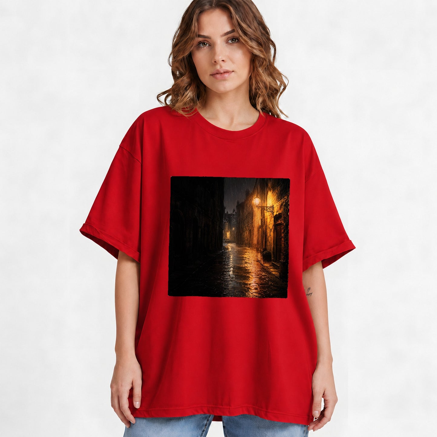 #pl[Red] Rainy Street Graphic T-Shirt, Vintage Lamp Night City Design