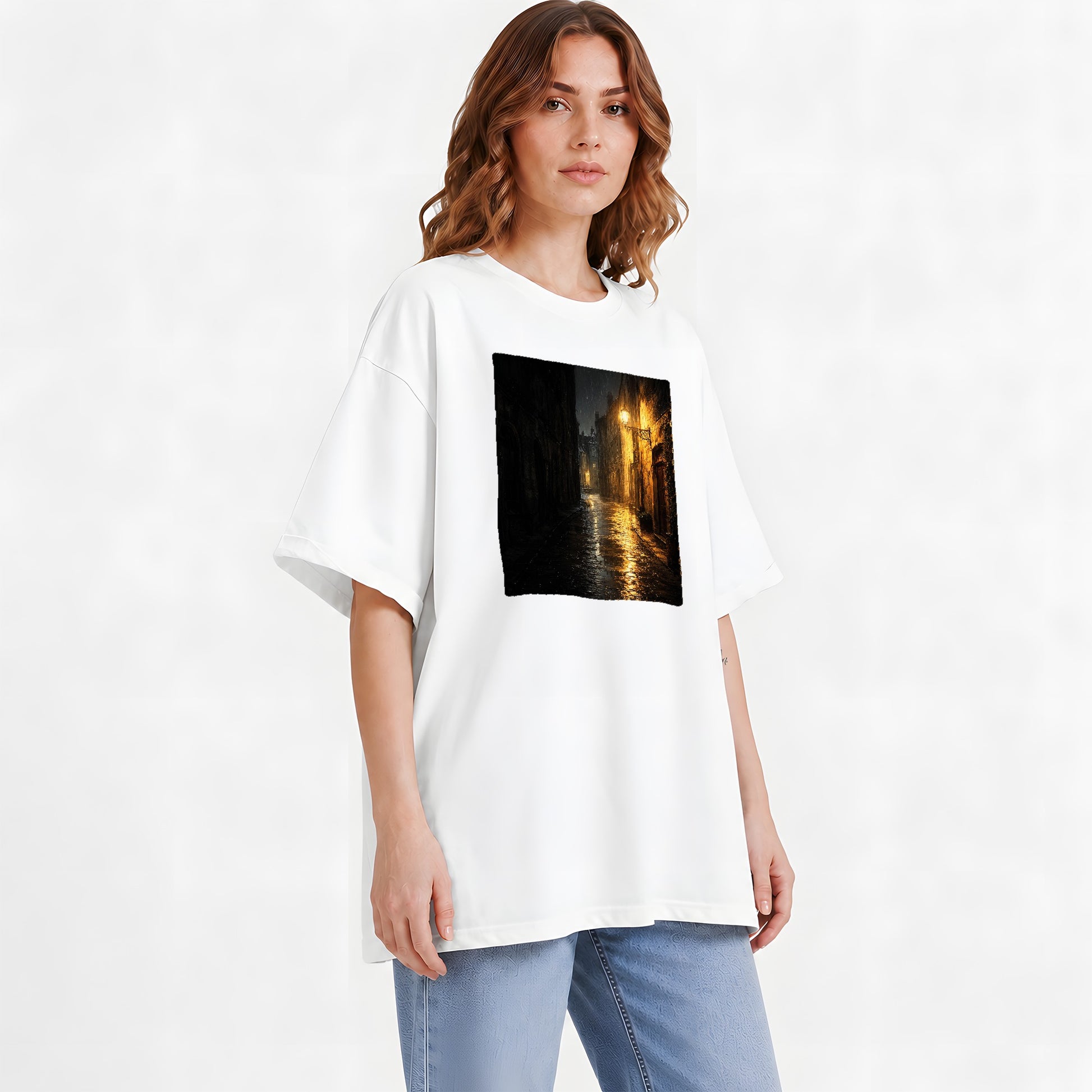 #pl[White] Rainy Street Graphic T-Shirt, Vintage Lamp Night City Design