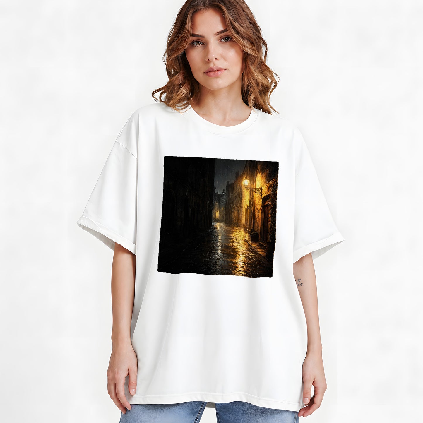 #pl[White] Rainy Street Graphic T-Shirt, Vintage Lamp Night City Design