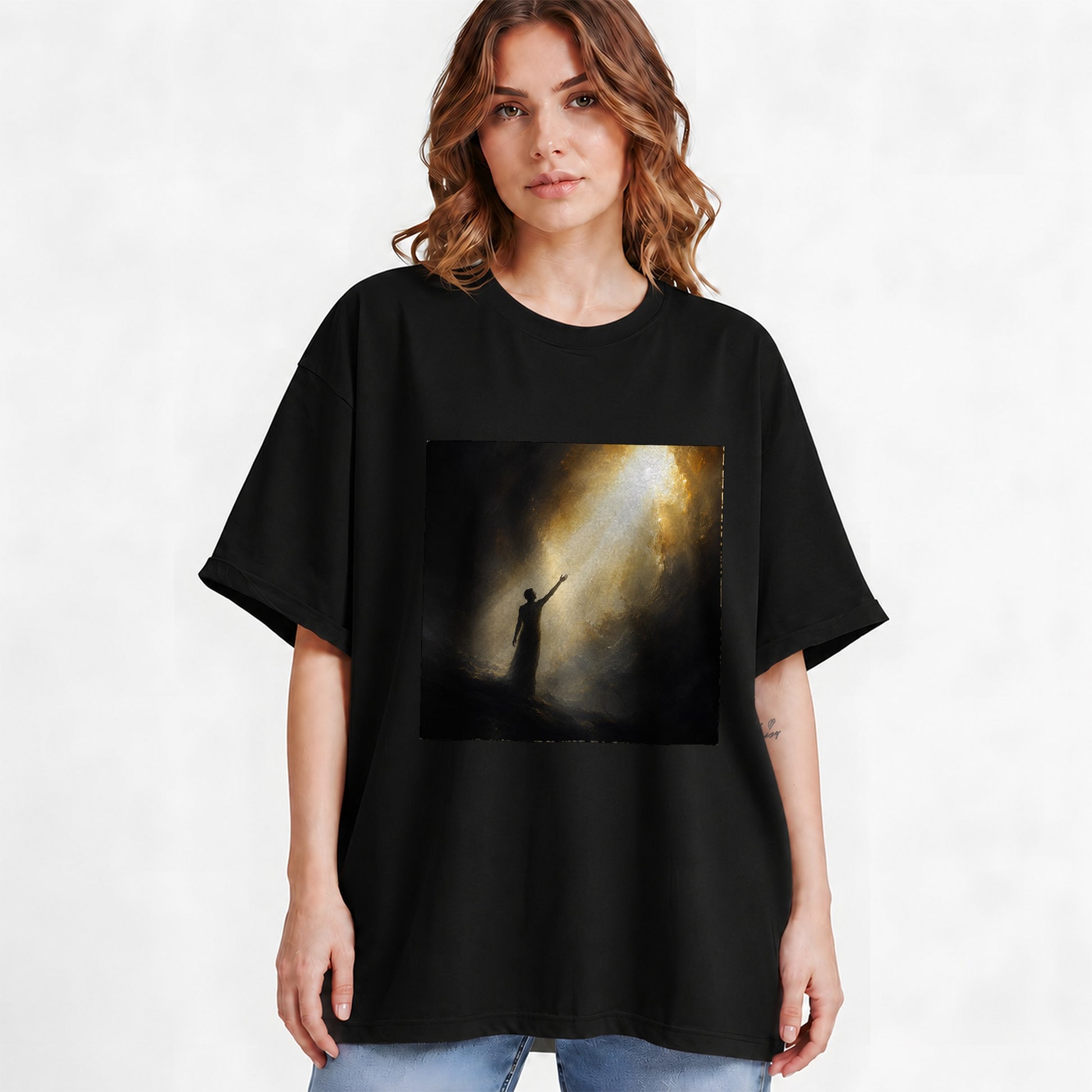 #pl[Black] Reaching for Light Graphic T-Shirt, Hopeful Inspirational Art