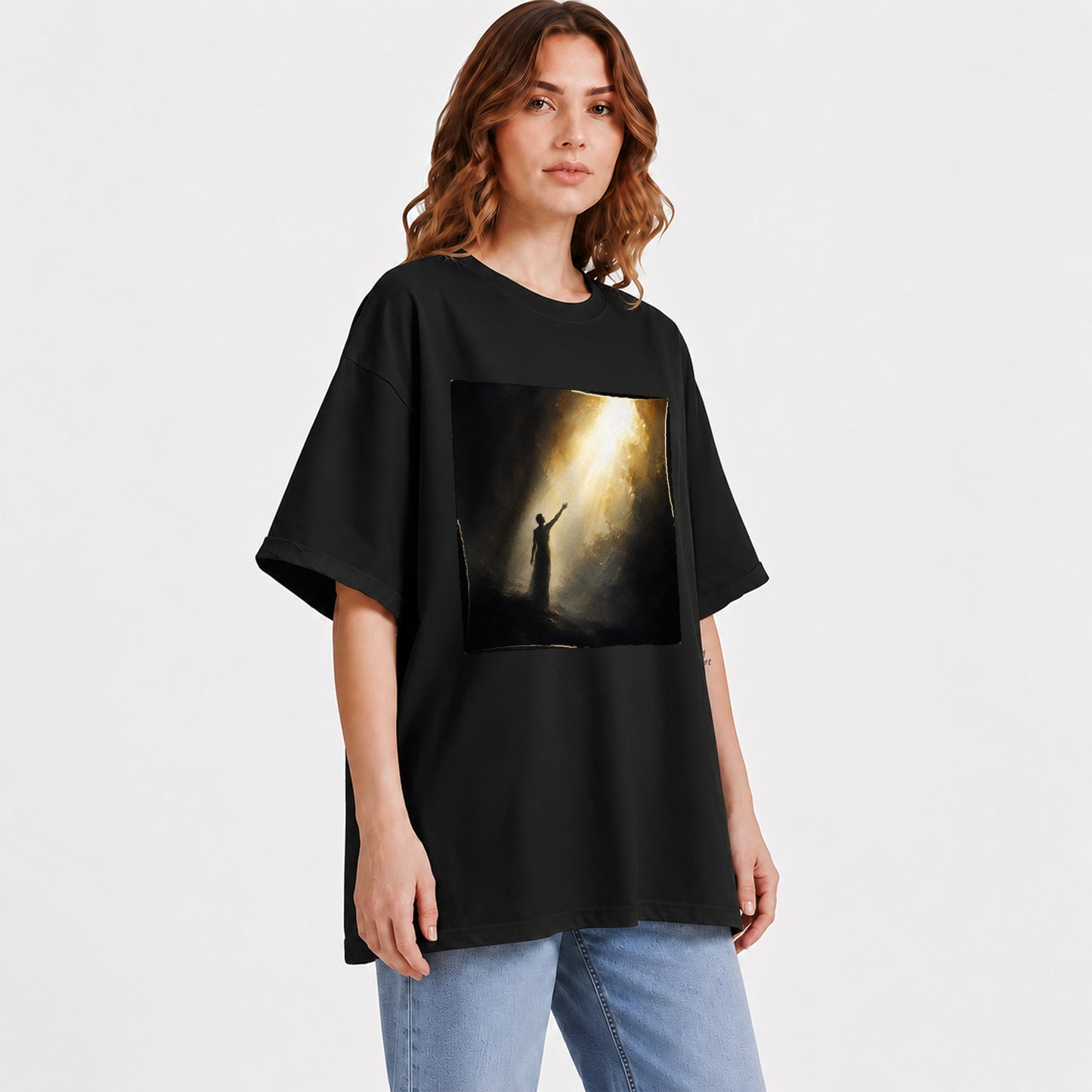 #pl[Black] Reaching for Light Graphic T-Shirt, Hopeful Inspirational Art
