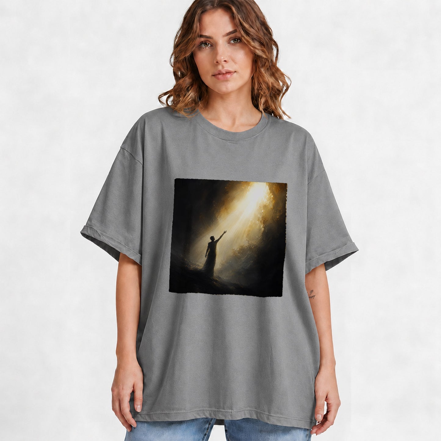#pl[Gray] Reaching for Light Graphic T-Shirt, Hopeful Inspirational Art