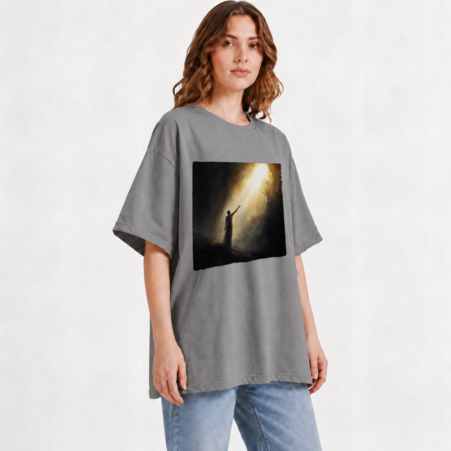 #pl[Gray] Reaching for Light Graphic T-Shirt, Hopeful Inspirational Art