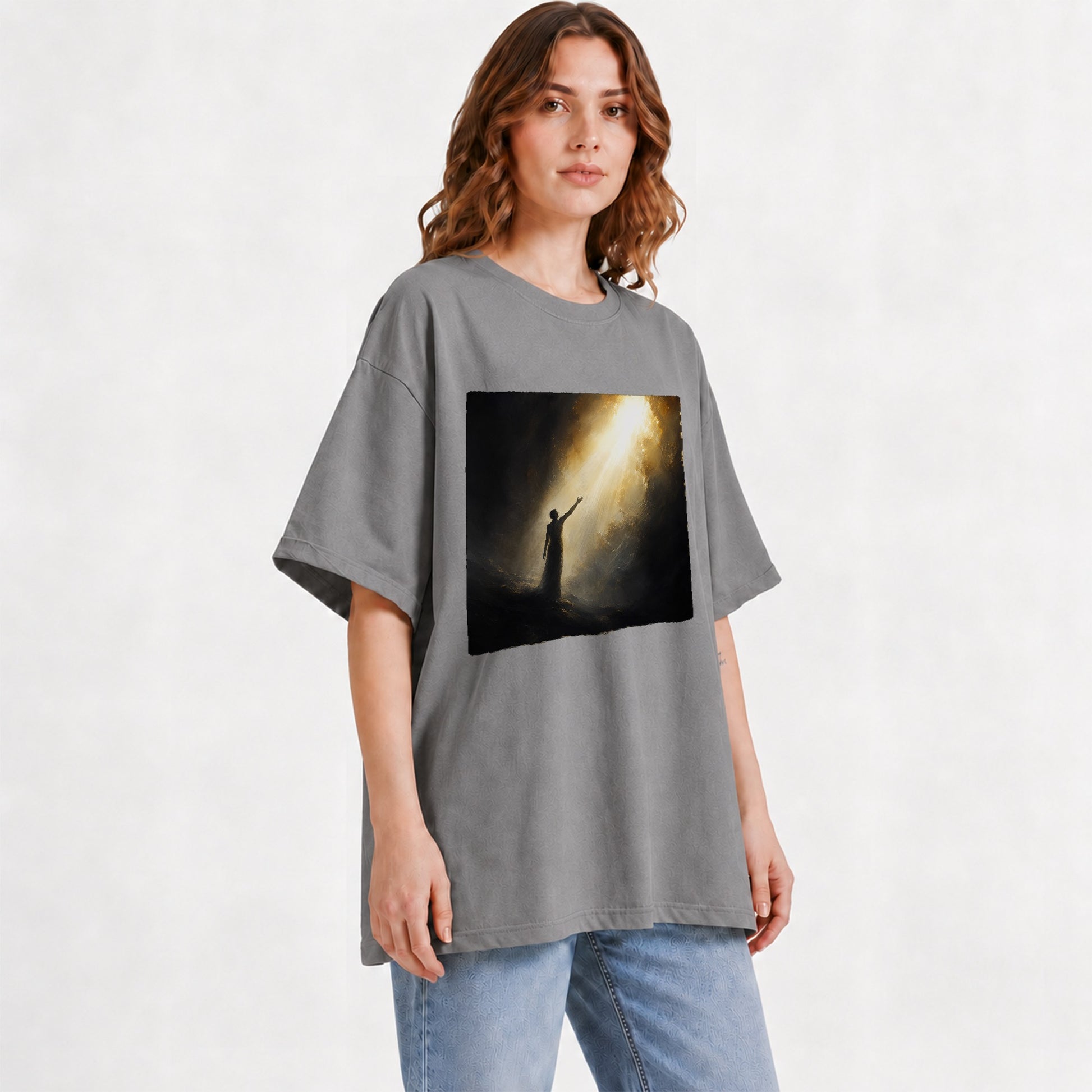 #pl[Gray] Reaching for Light Graphic T-Shirt, Hopeful Inspirational Art