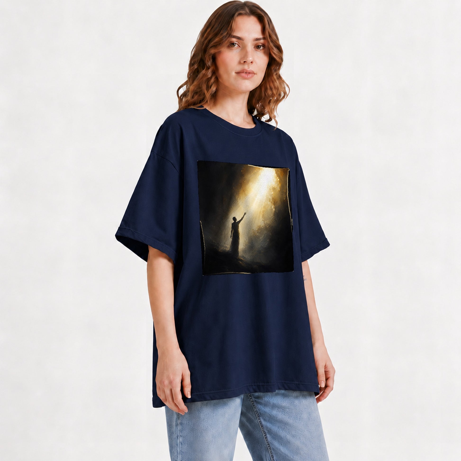 #pl[Navy] Reaching for Light Graphic T-Shirt, Hopeful Inspirational Art