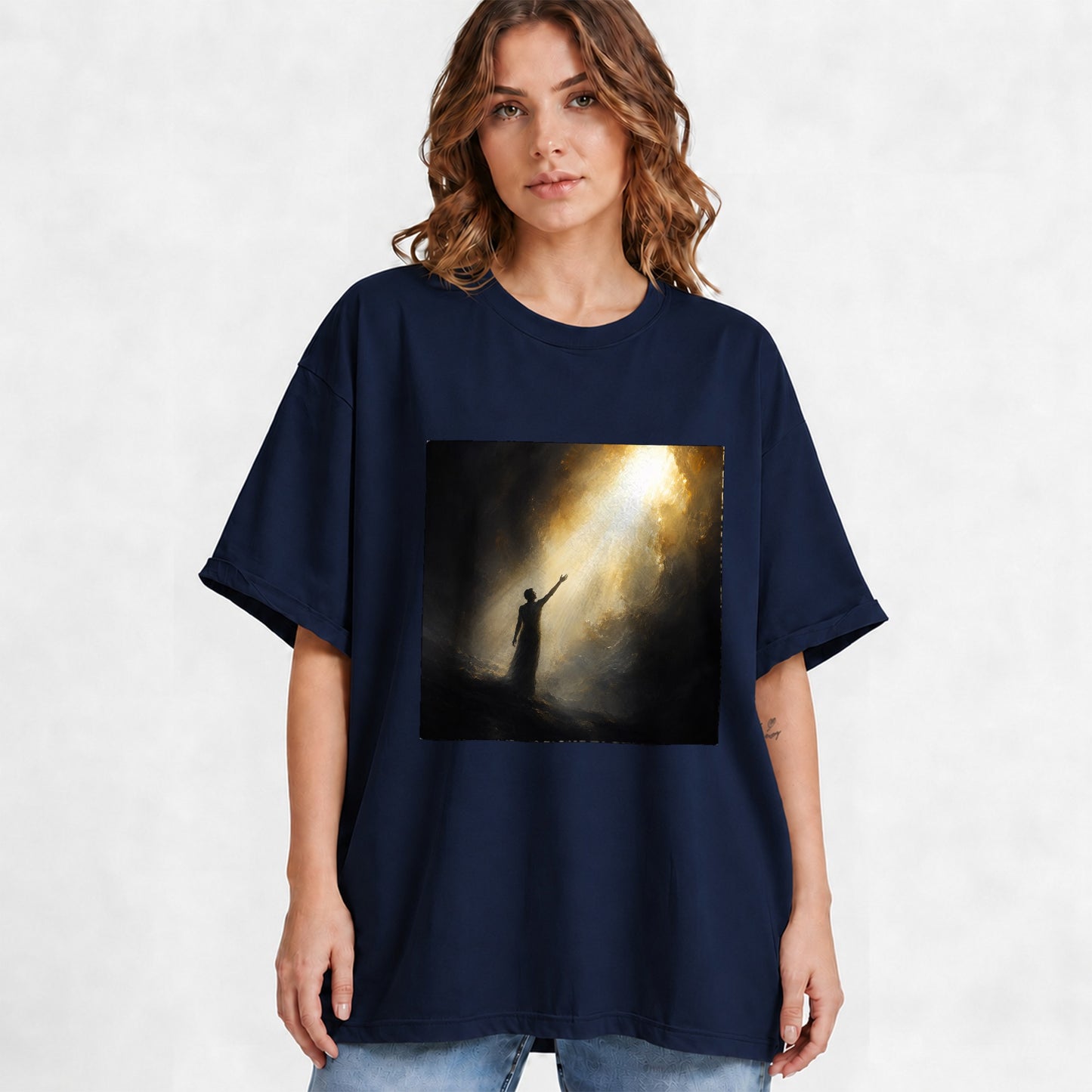 #pl[Navy] Reaching for Light Graphic T-Shirt, Hopeful Inspirational Art