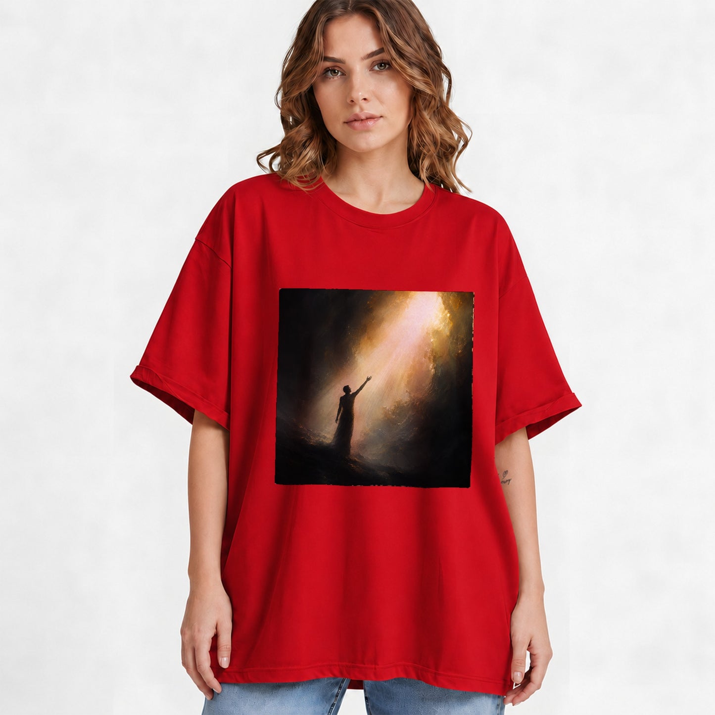 #pl[Red] Reaching for Light Graphic T-Shirt, Hopeful Inspirational Art