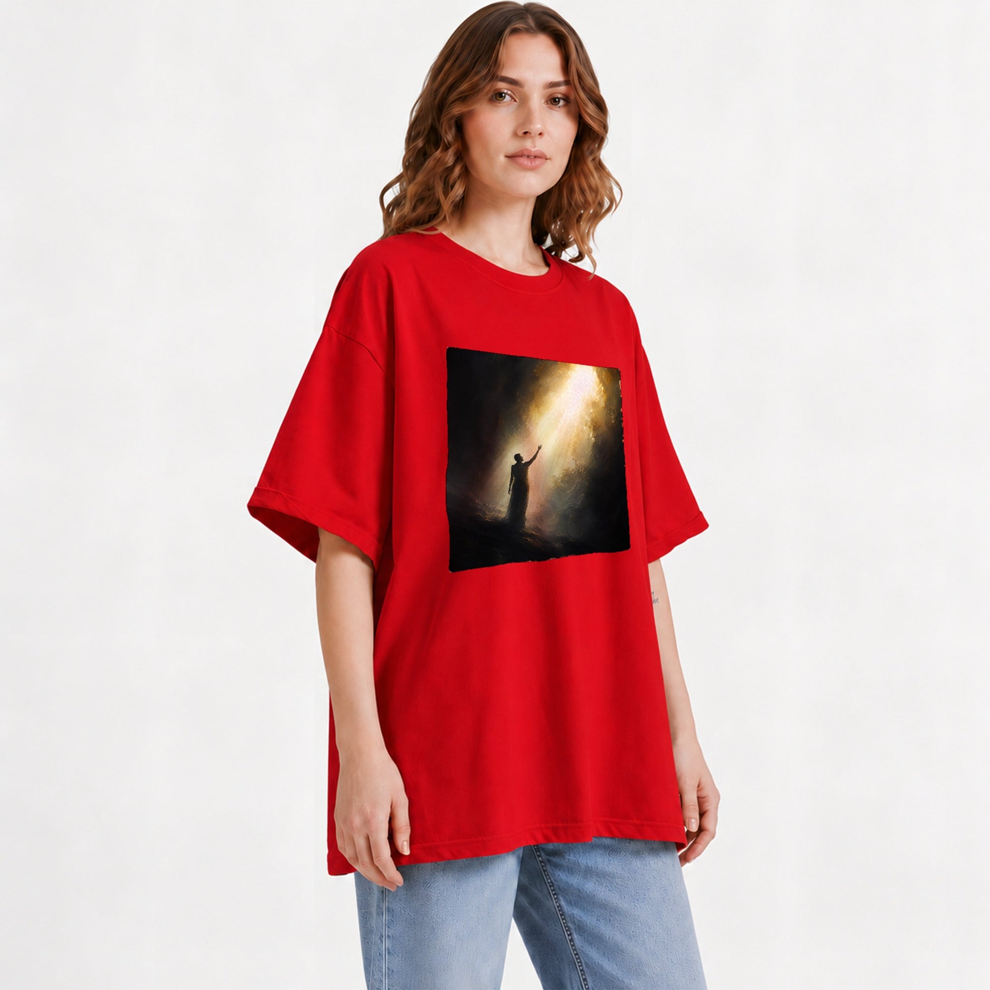 #pl[Red] Reaching for Light Graphic T-Shirt, Hopeful Inspirational Art