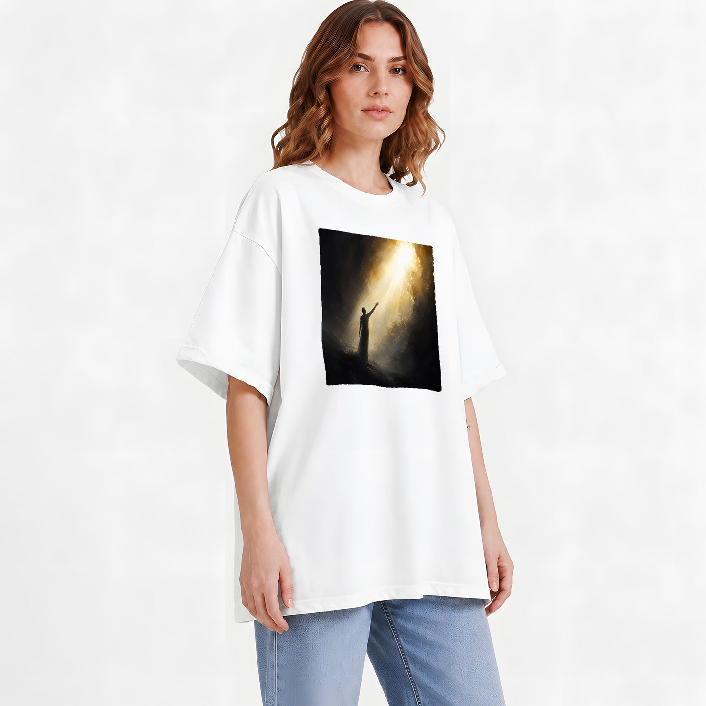 #pl[White] Reaching for Light Graphic T-Shirt, Hopeful Inspirational Art