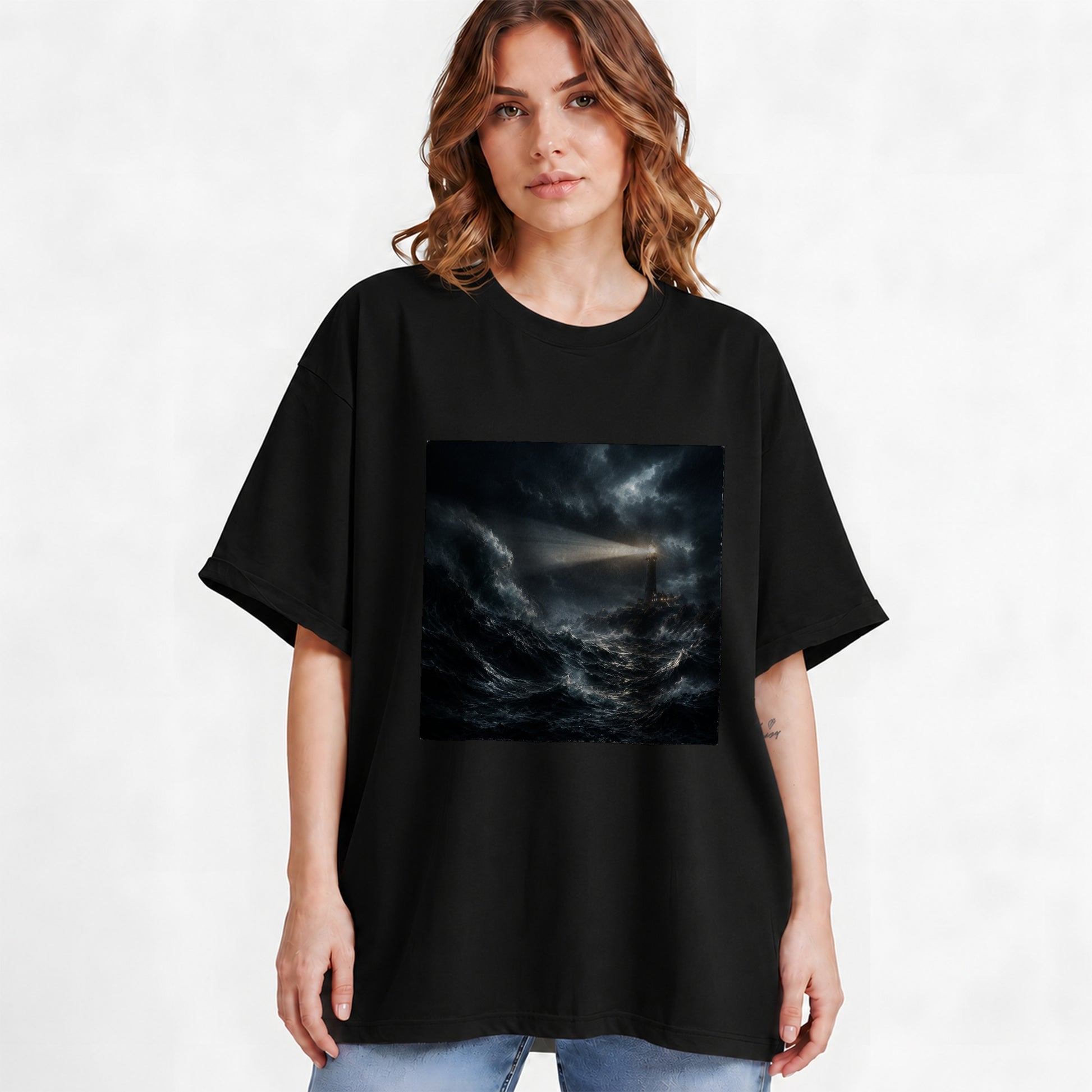 #pl[Black] Storm Lighthouse Graphic T-Shirt, Dramatic Ocean Night Design
