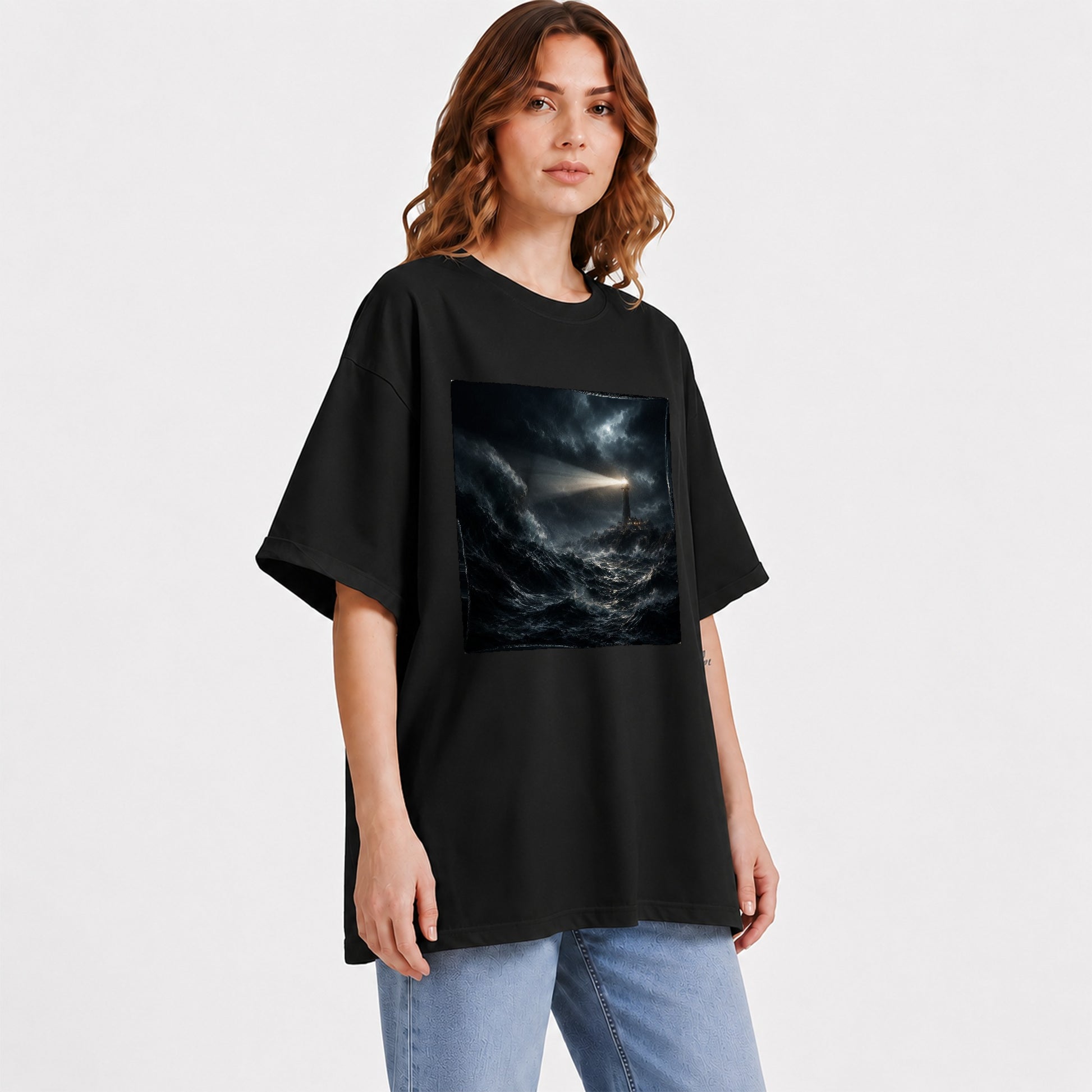 #pl[Black] Storm Lighthouse Graphic T-Shirt, Dramatic Ocean Night Design