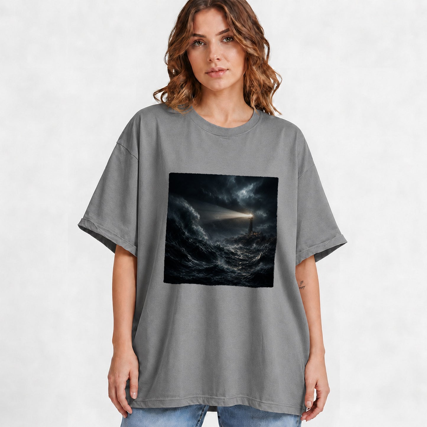 #pl[Gray] Storm Lighthouse Graphic T-Shirt, Dramatic Ocean Night Design