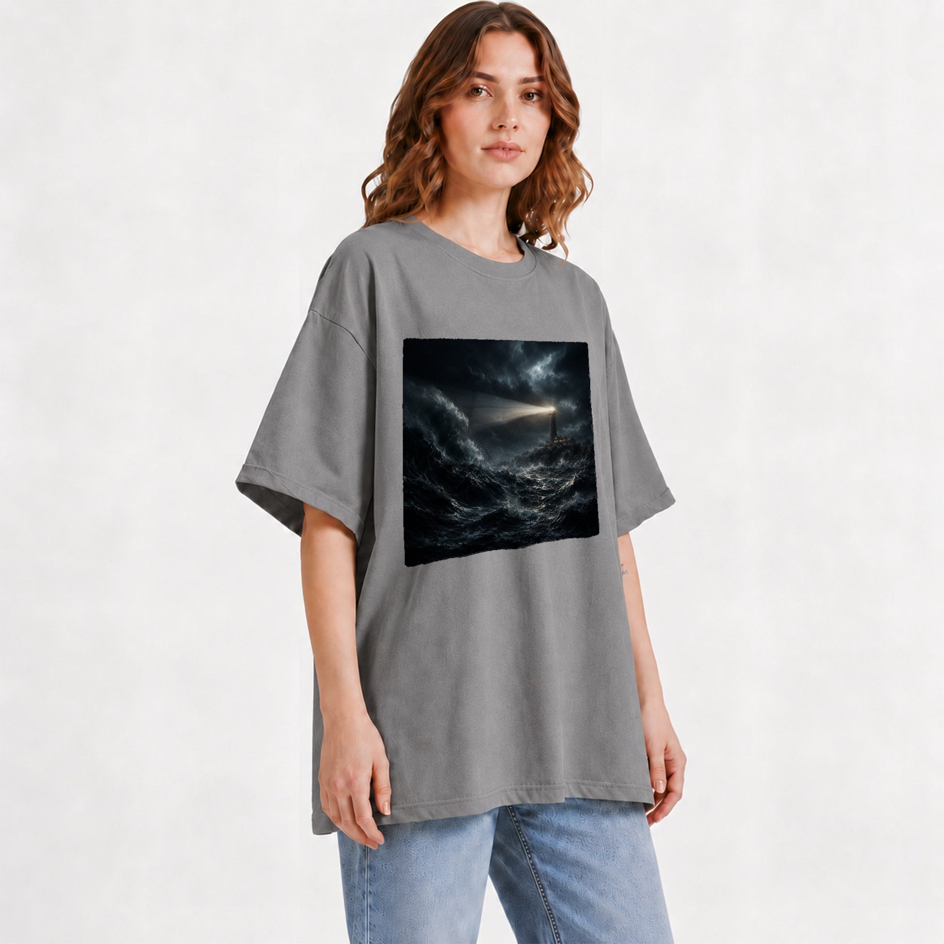 #pl[Gray] Storm Lighthouse Graphic T-Shirt, Dramatic Ocean Night Design