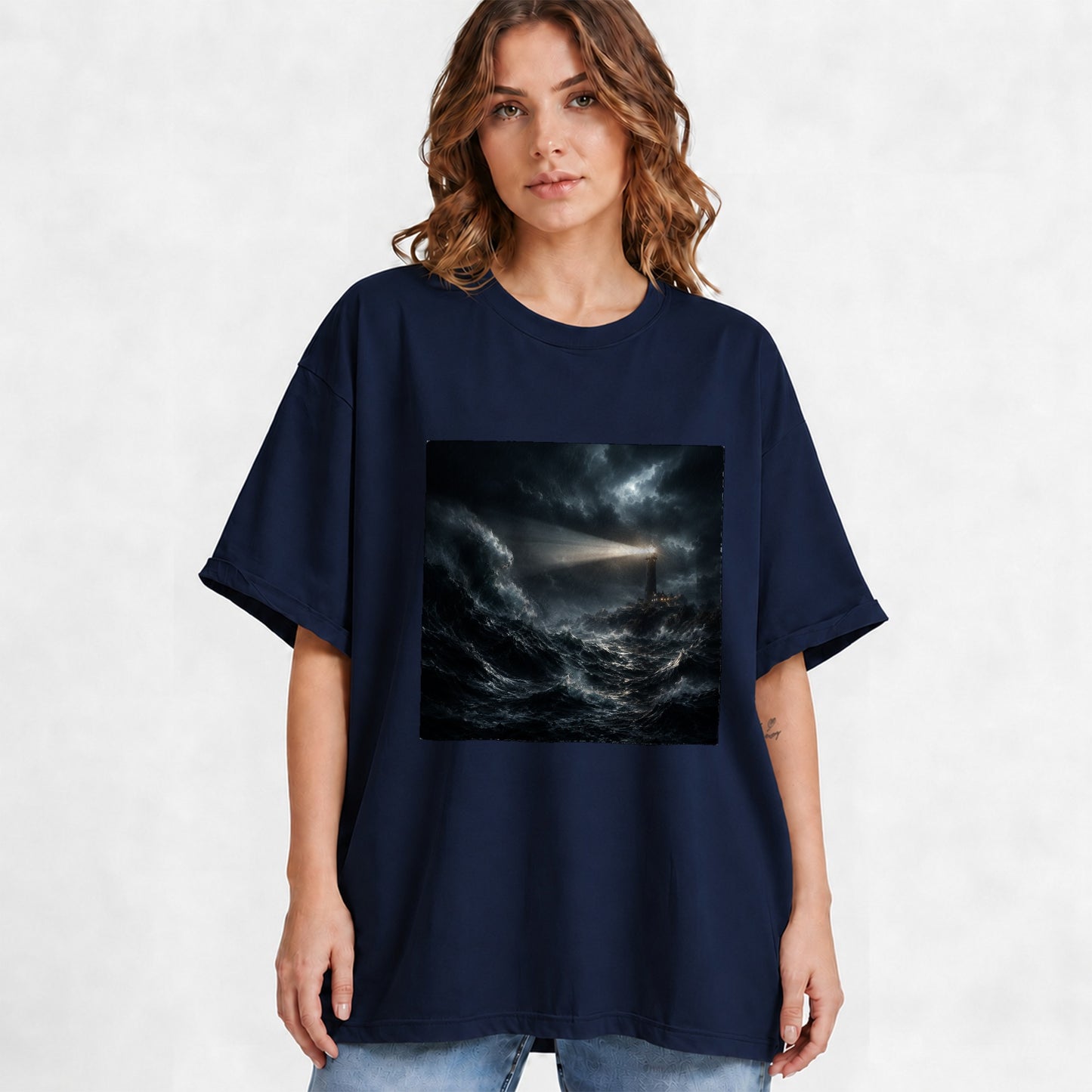 #pl[Navy] Storm Lighthouse Graphic T-Shirt, Dramatic Ocean Night Design