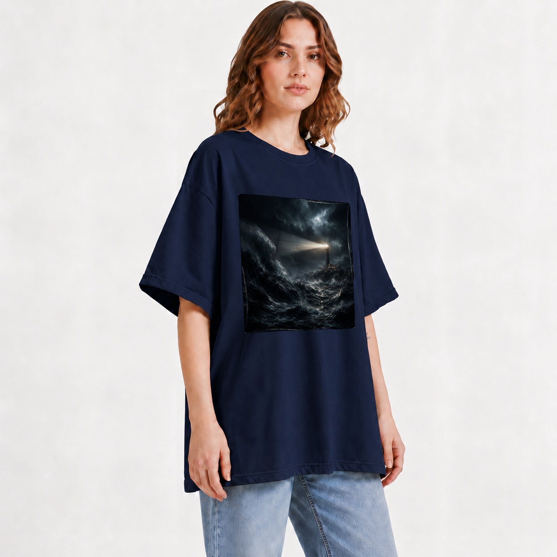#pl[Navy] Storm Lighthouse Graphic T-Shirt, Dramatic Ocean Night Design
