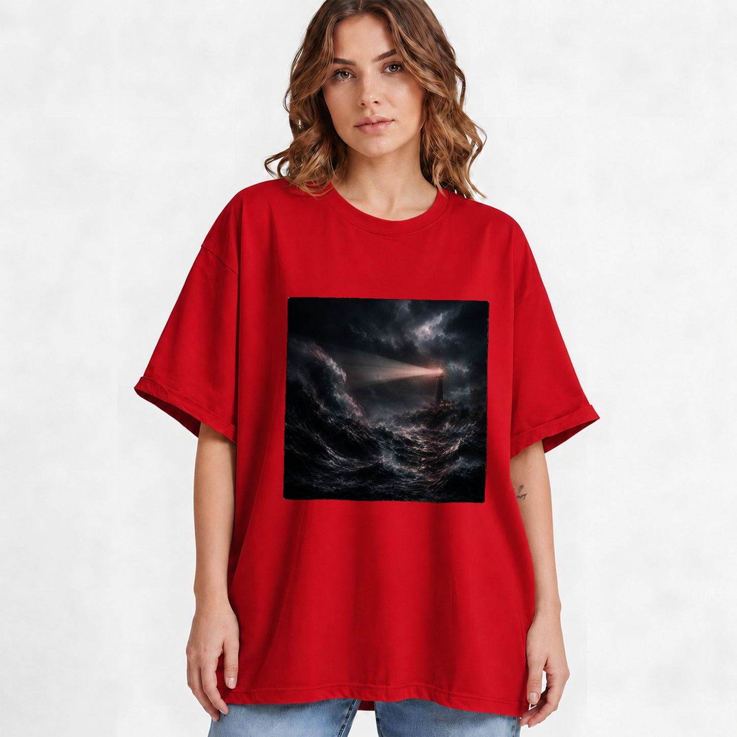 #pl[Red] Storm Lighthouse Graphic T-Shirt, Dramatic Ocean Night Design