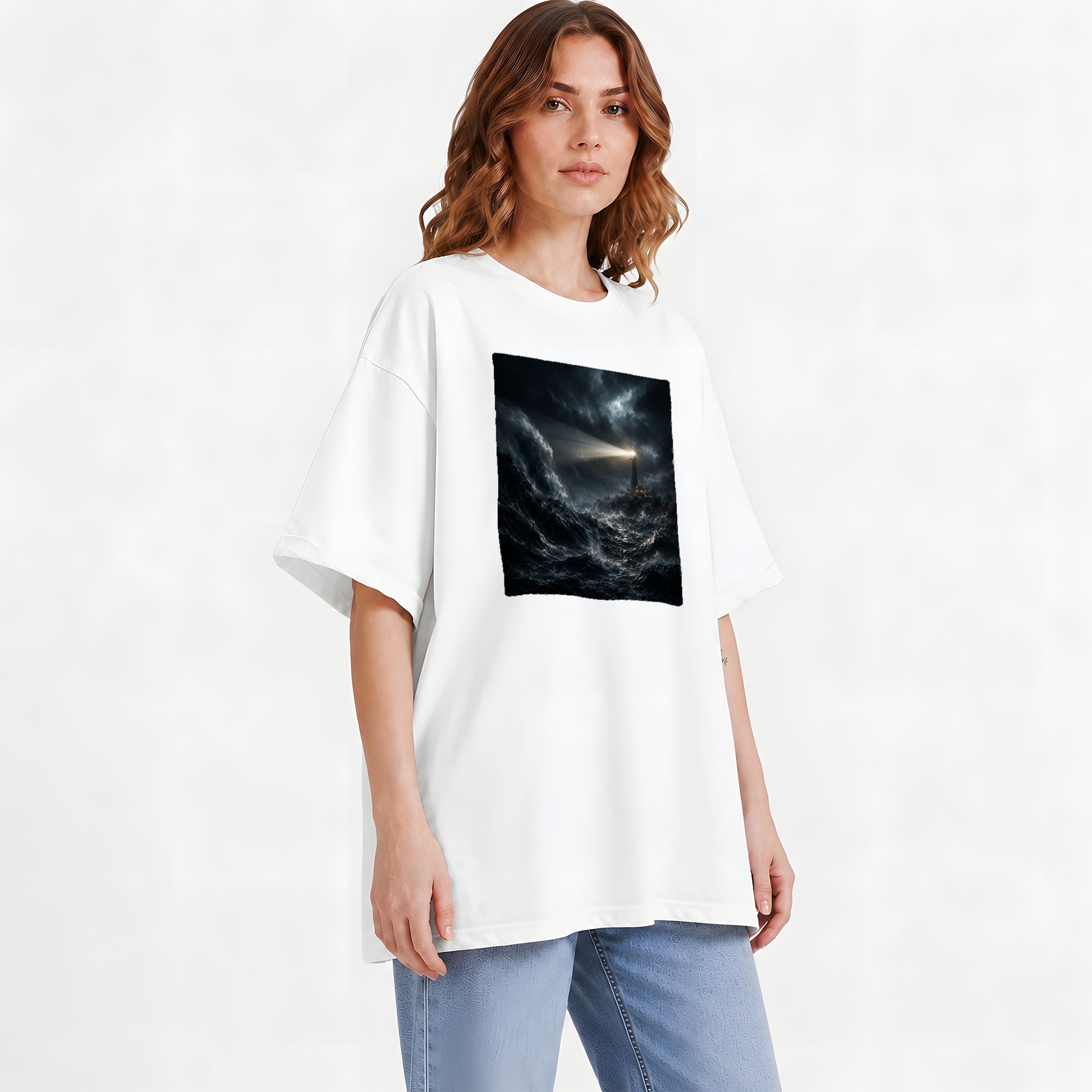 #pl[White] Storm Lighthouse Graphic T-Shirt, Dramatic Ocean Night Design