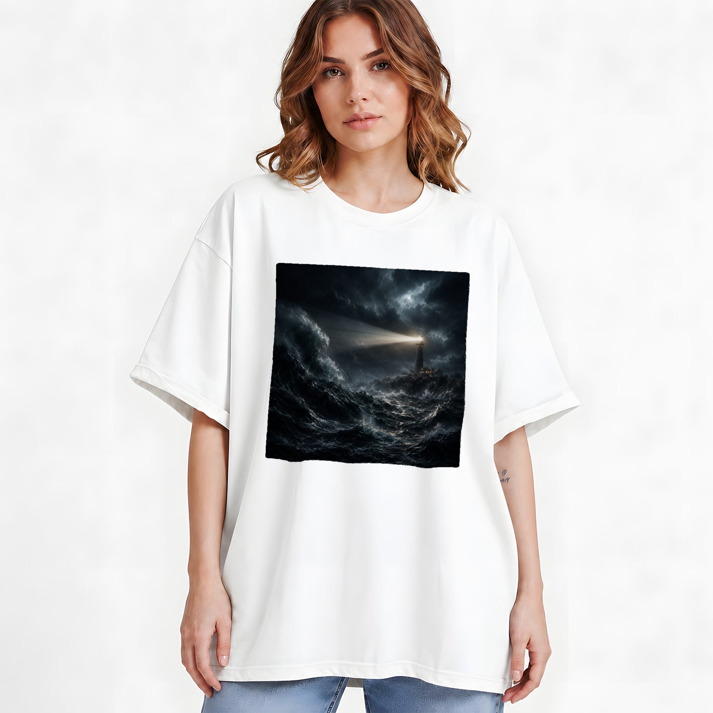 #pl[White] Storm Lighthouse Graphic T-Shirt, Dramatic Ocean Night Design