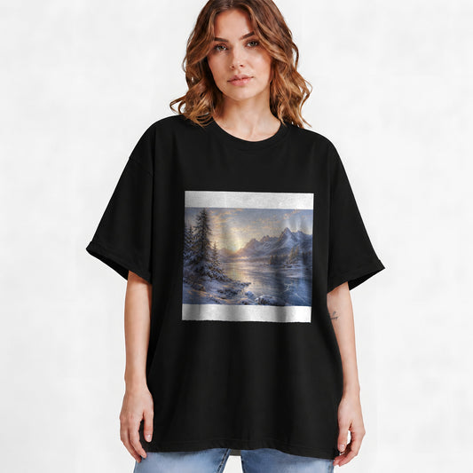 #pl[Black] Winter Mountain Sunrise Graphic T-Shirt, Alpine Landscape Art