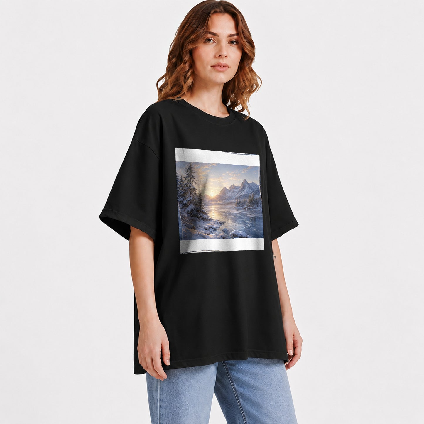 #pl[Black] Winter Mountain Sunrise Graphic T-Shirt, Alpine Landscape Art