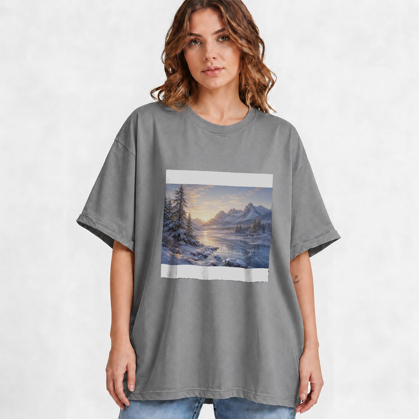 #pl[Gray] Winter Mountain Sunrise Graphic T-Shirt, Alpine Landscape Art