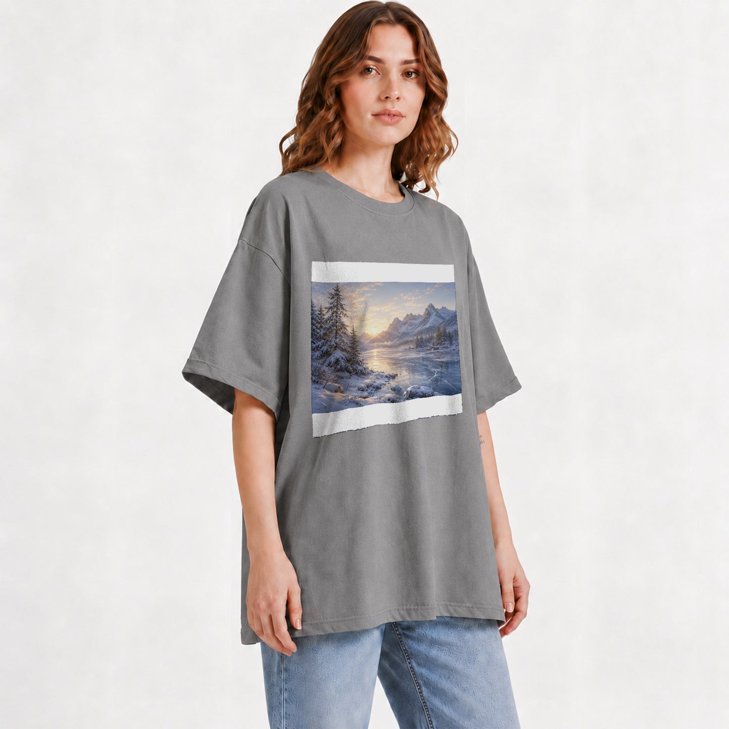 #pl[Gray] Winter Mountain Sunrise Graphic T-Shirt, Alpine Landscape Art