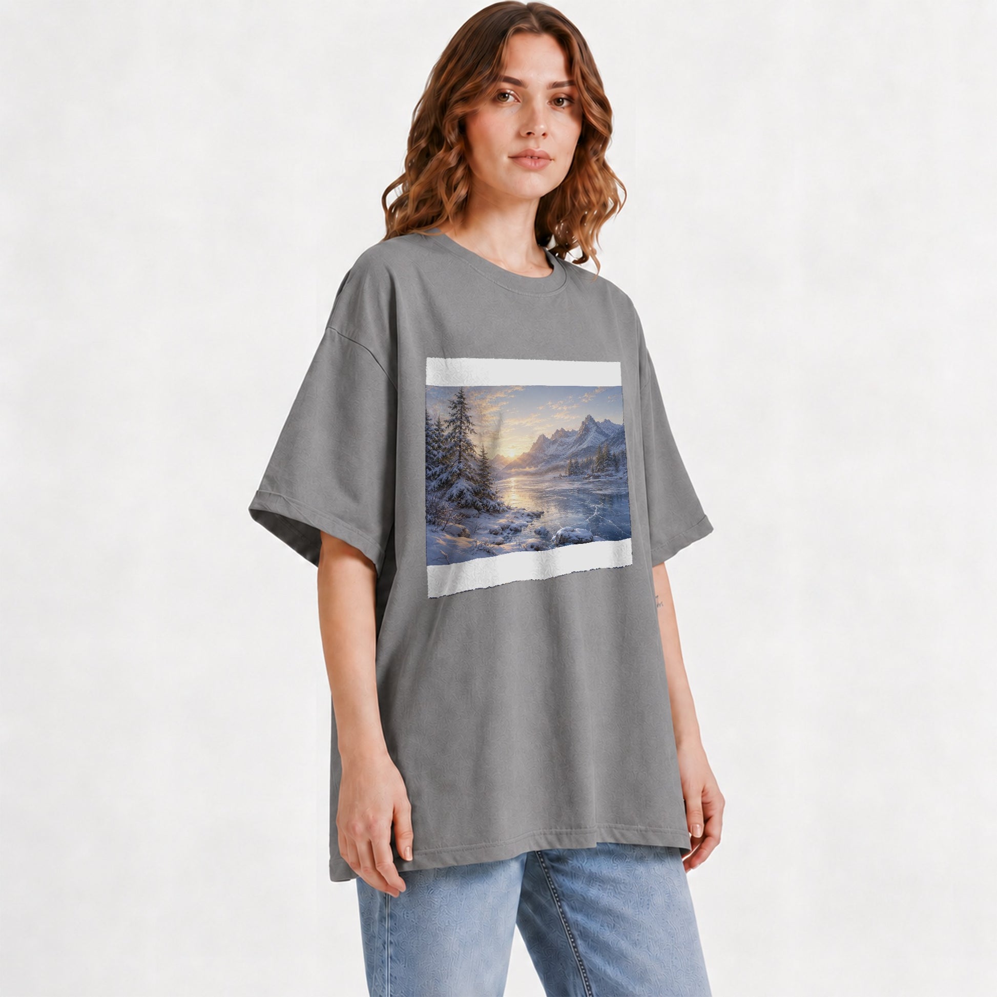 #pl[Gray] Winter Mountain Sunrise Graphic T-Shirt, Alpine Landscape Art