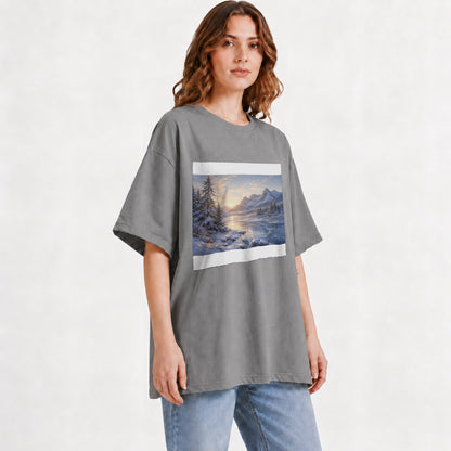 #pl[Gray] Winter Mountain Sunrise Graphic T-Shirt, Alpine Landscape Art